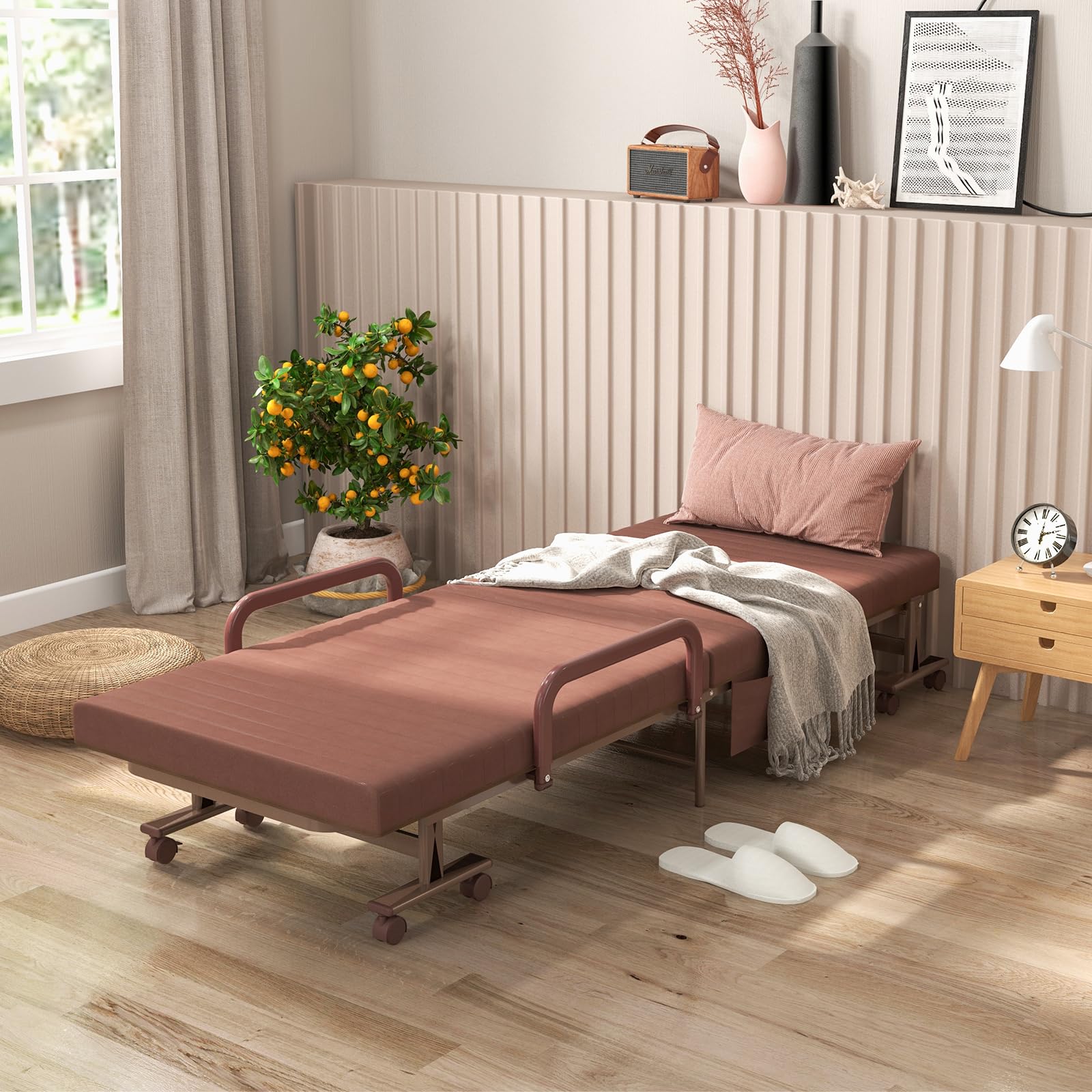 KOMFOTT Folding Bed With Mattress, Portable Guest Bed With Adjustable 6 Position & Side Storage Pocket