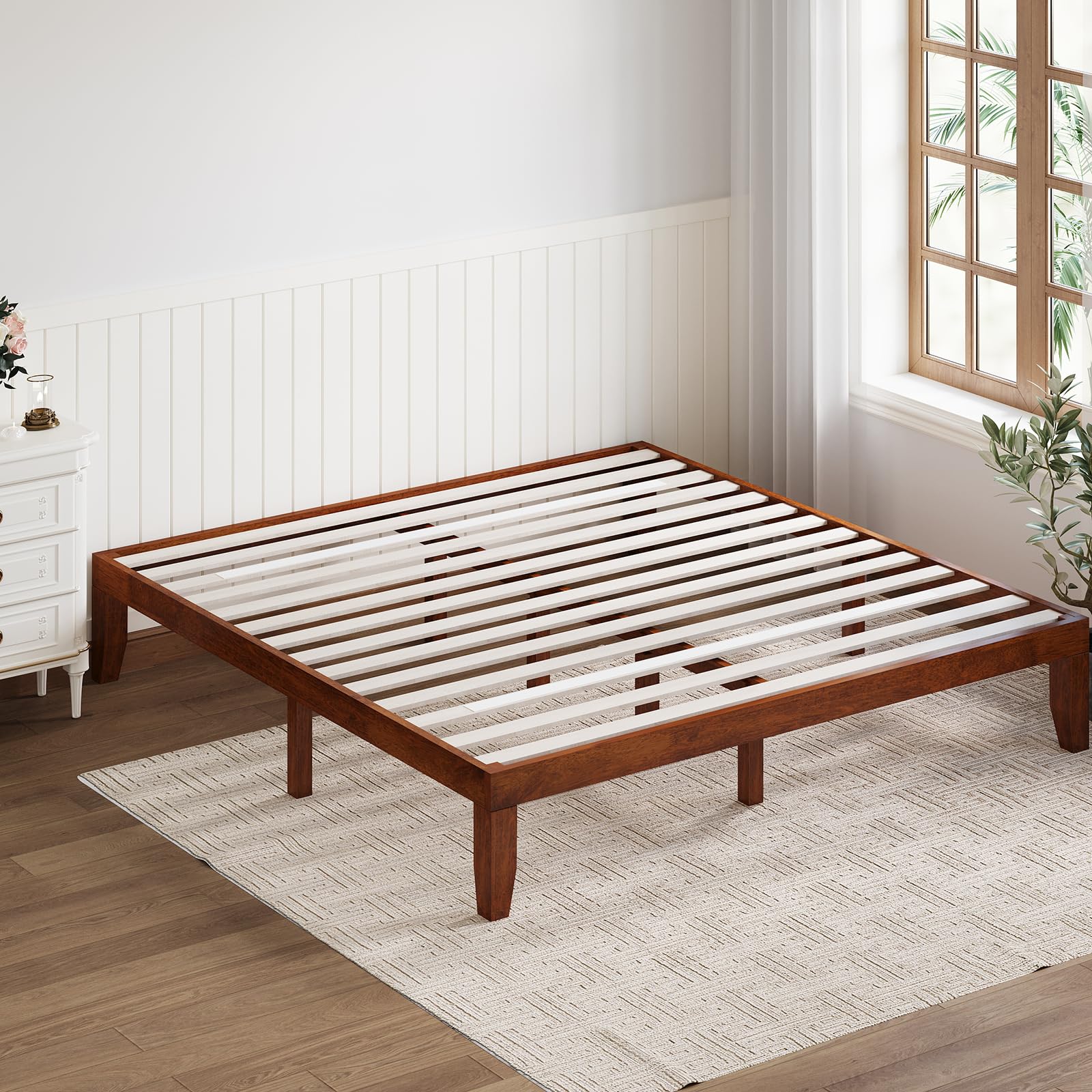 KOMFOTT Wood Platform Bed Frame, Solid Wood Mattress Foundation with Rubber Wood Frame