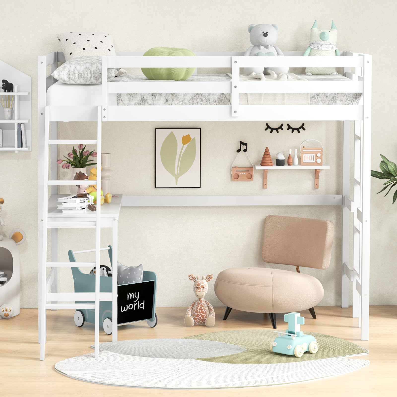 KOMFOTT Twin Size Loft Bed with Desk, 2 Ladders