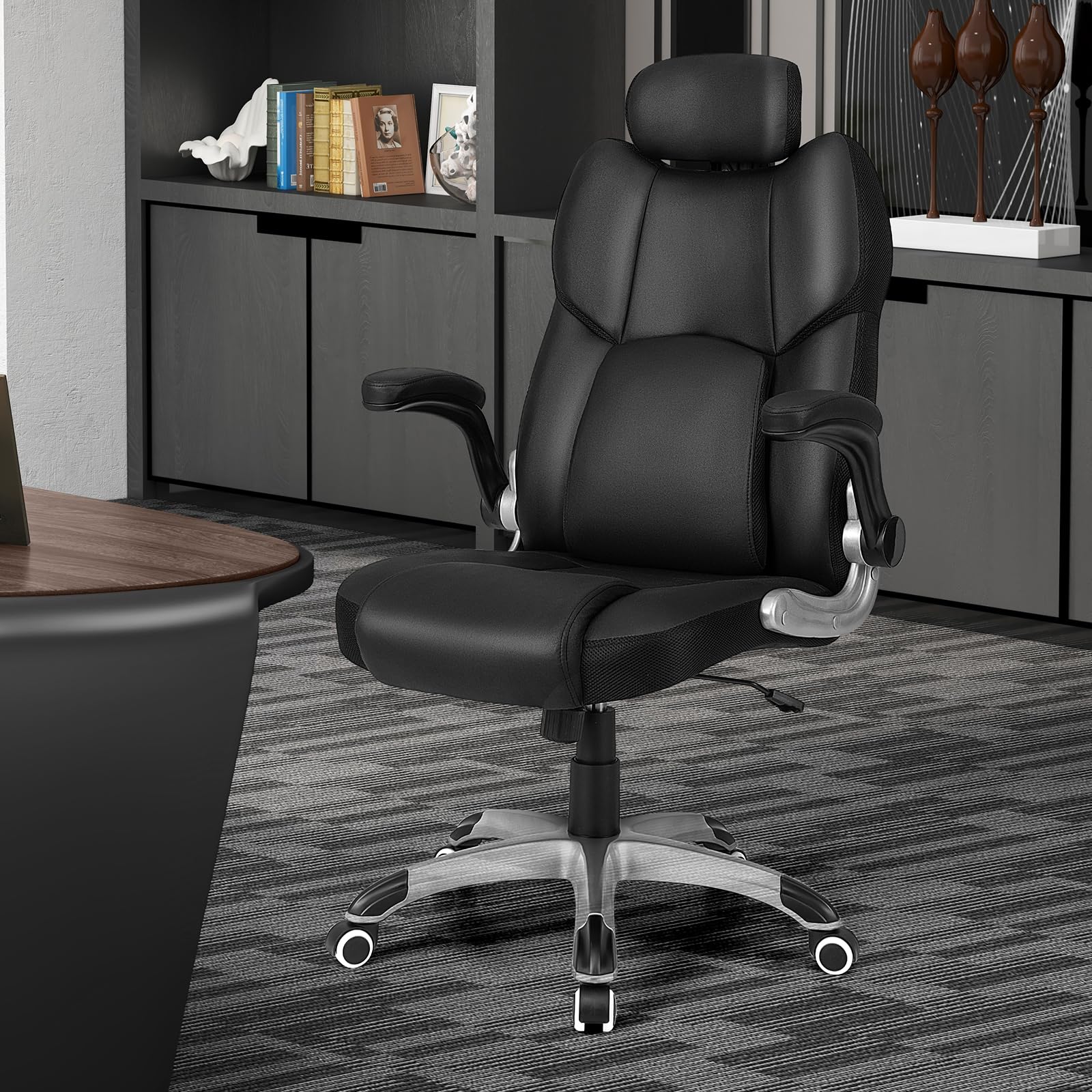 KOMFOTT Executive Faux Leather Office Chair, Kneading Massage Computer Chair with Removable Lumbar Support Pillow, Adjustable Headrest