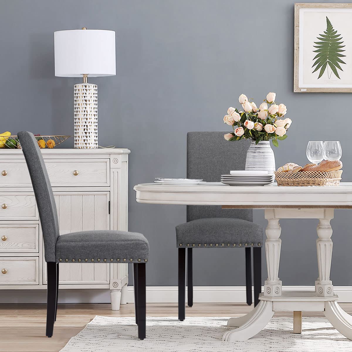 KOMFOTT Upholstered Dining Chairs Set of 2, Fabric Side Chairs with Wood Legs, Soft Padded Seat