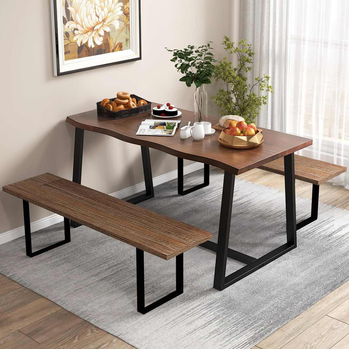 KOMFOTT 63" Rectangular Large Dining Table for 4-6, Mid-Century Kitchen Table w/Heavy-Duty Metal Frame