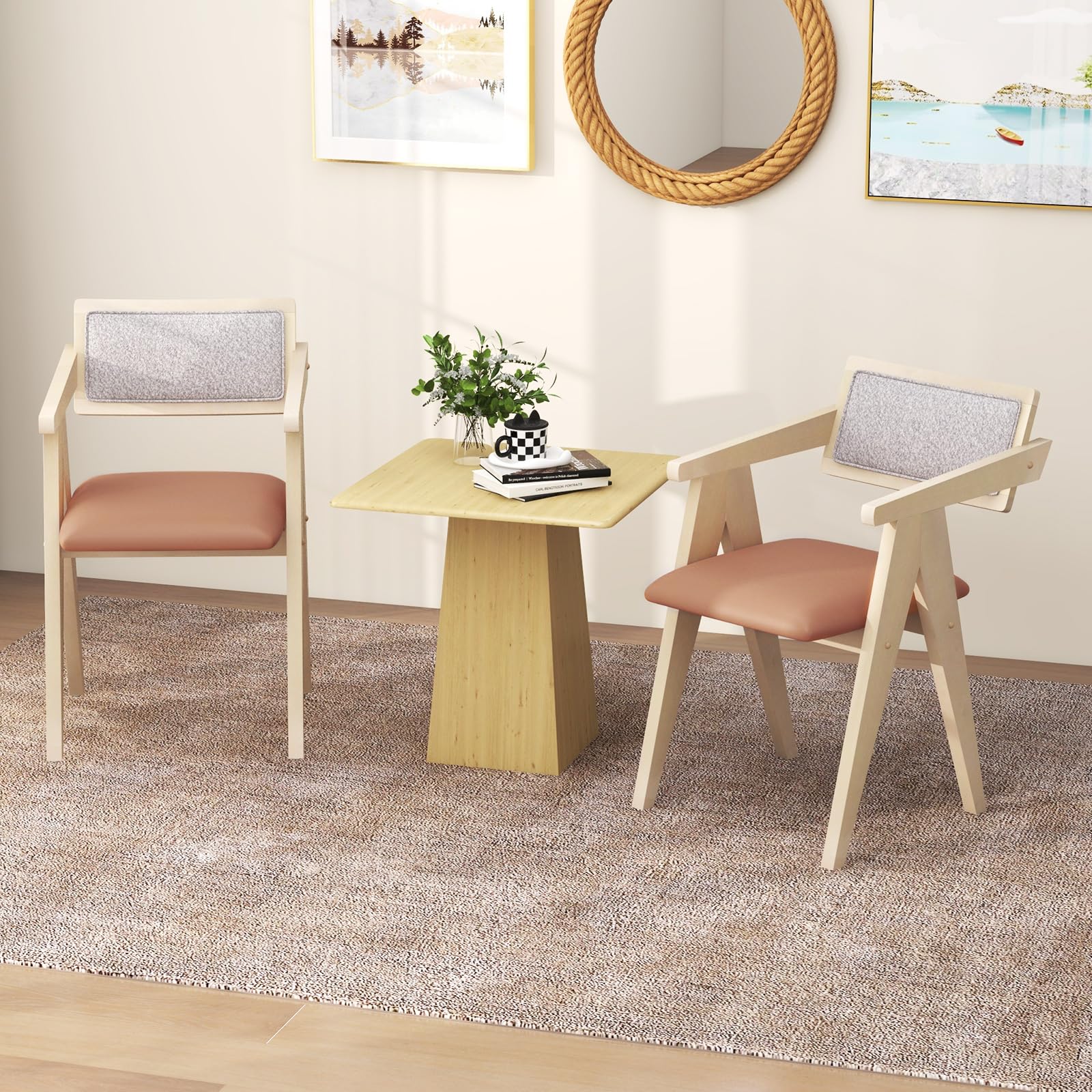 KOMFOTT Wooden Dining Chairs Set of 2/4, Mid Century Upholstered Kitchen Chairs w/Leathaire Seat Cushions & Sherpa Backrests