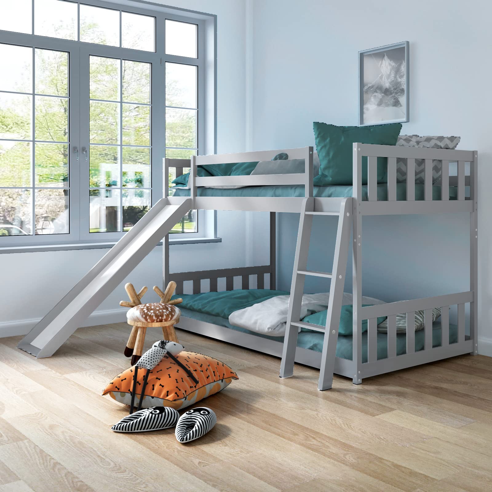 KOMFOTT Wood Bunk Bed Twin Over Twin Bunk Bed Frame w/Convertible Slide