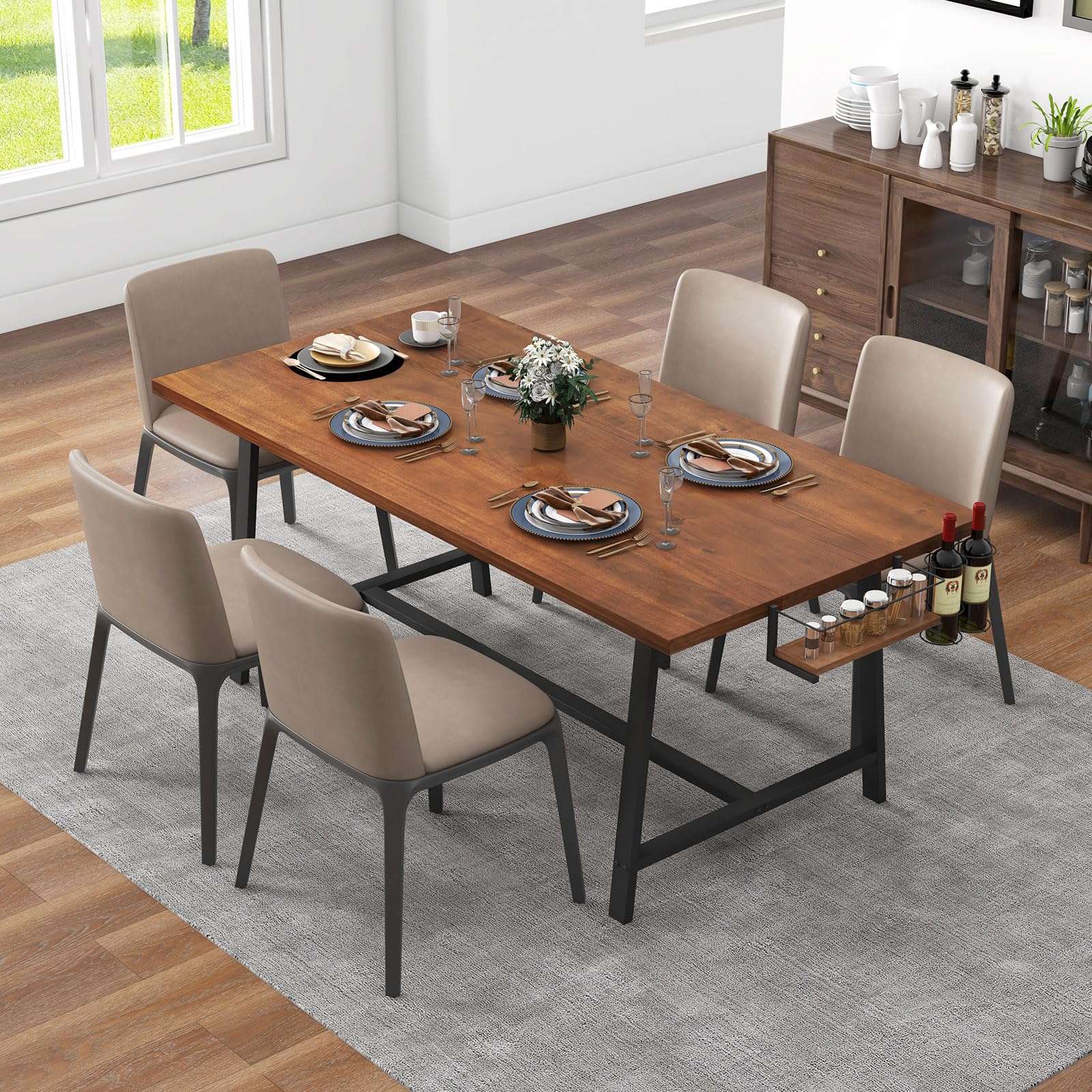 KOMFOTT 72-Inch Rectangular Dining Table with 2-Bottle Wine Rack, Condiment Holder & Metal Footrest