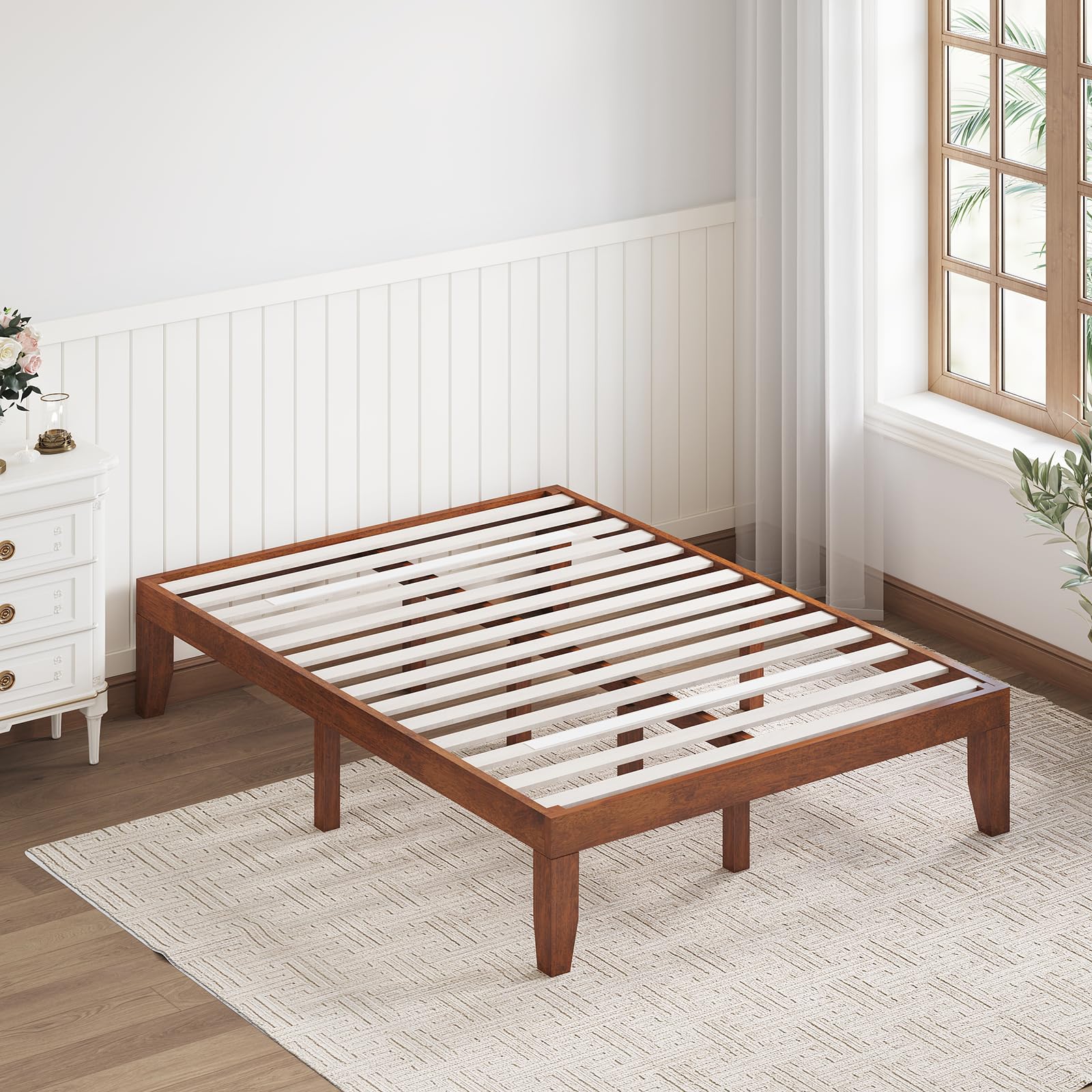KOMFOTT Wood Platform Bed Frame, Solid Wood Mattress Foundation with Rubber Wood Frame
