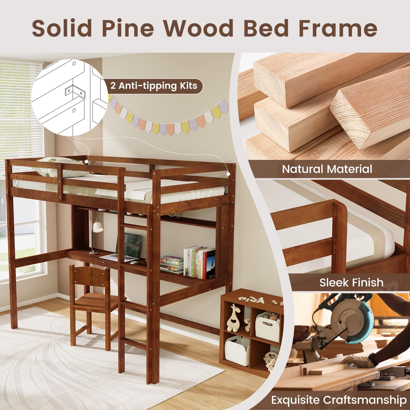 KOMFOTT Twin Size Loft Bed with Desk, Bookshelf, Full Length Safety Guardrail & Ladder