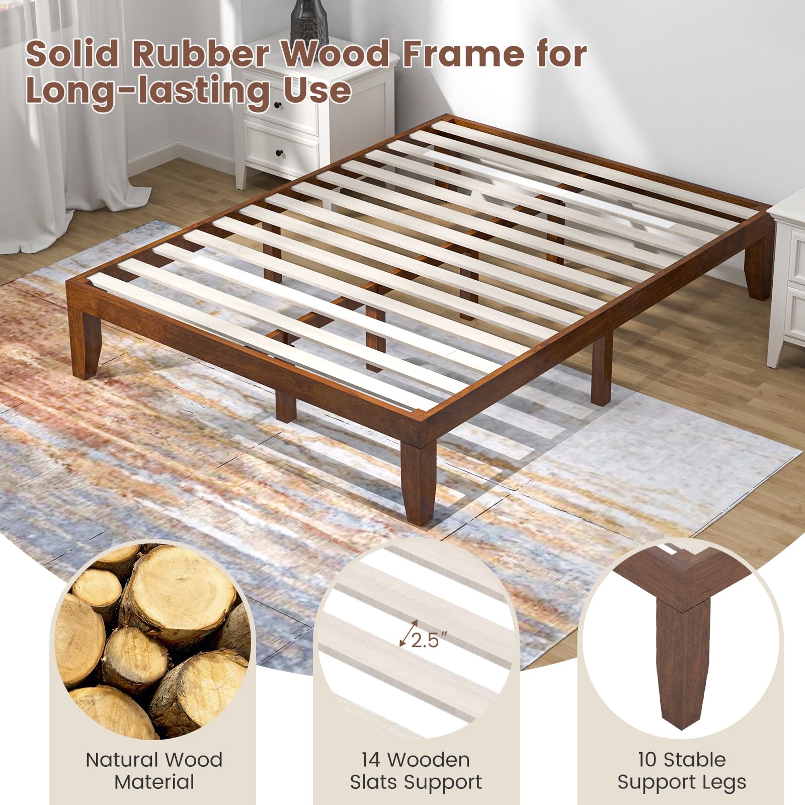 KOMFOTT Wood Platform Bed Frame, Solid Wood Mattress Foundation with Rubber Wood Frame