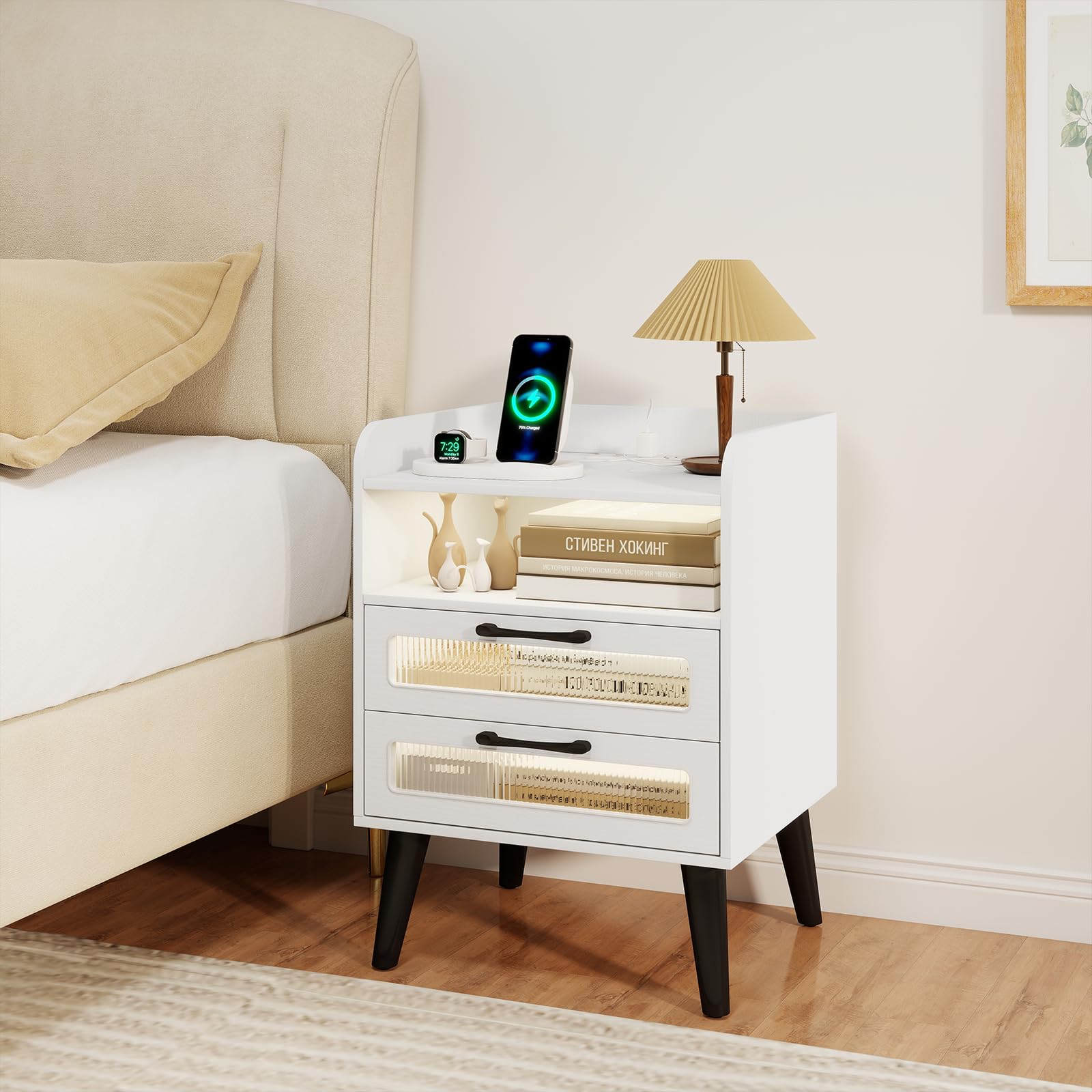 KOMFOTT Nightstand with Charging Station and LED Lights(1/2)