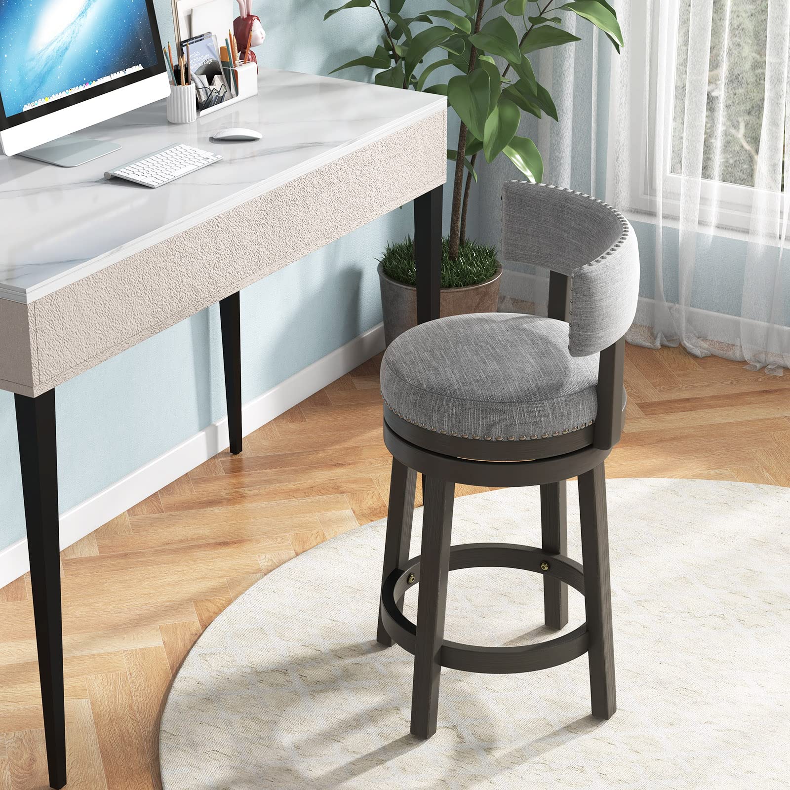 KOMFOTT Modern 360° Swivel Bar Stool with Upholstered Back & Seat, Solid Rubber Wood Legs & Round Footrest