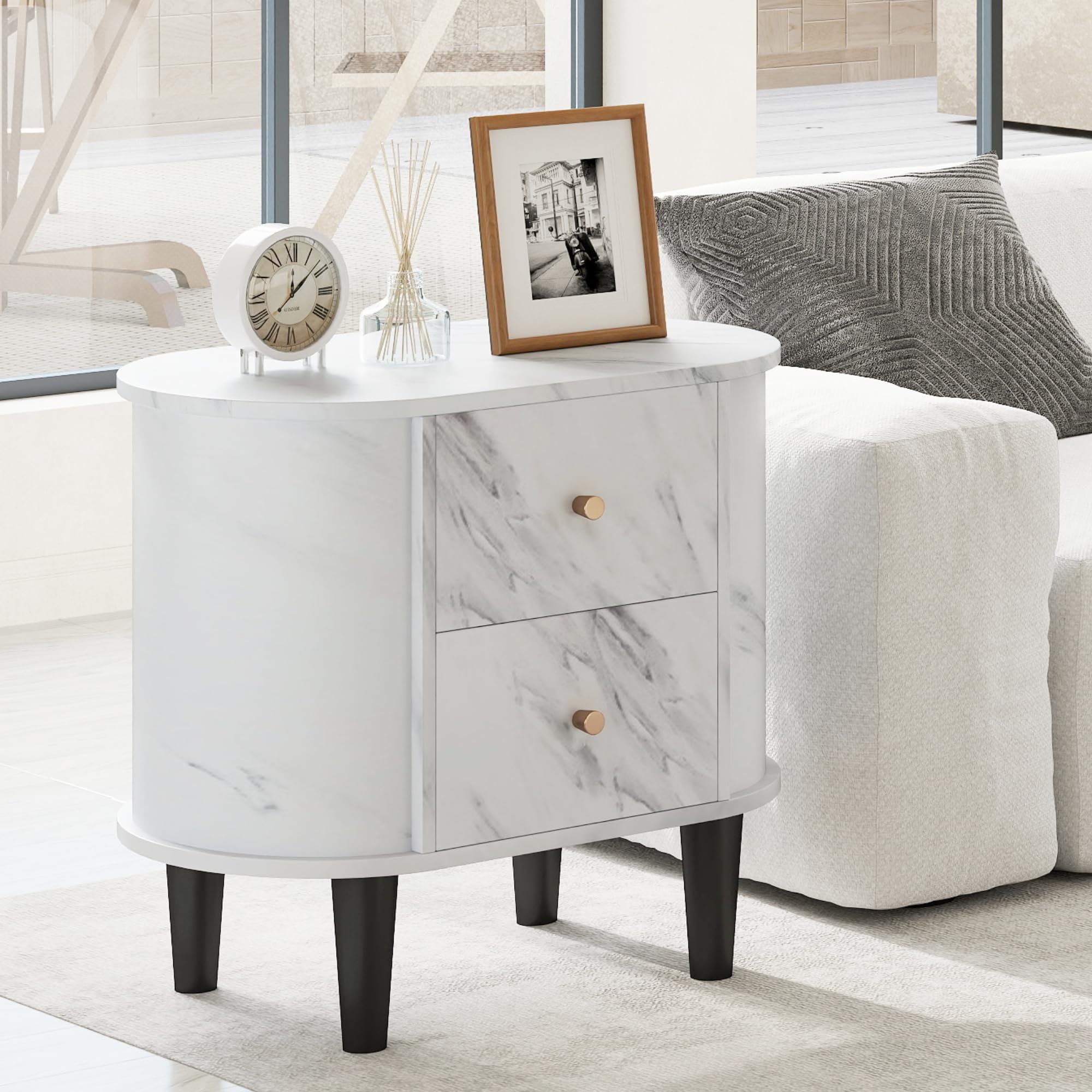 KOMFOTT Oval Faux Marble Nightstand with 2 Drawers