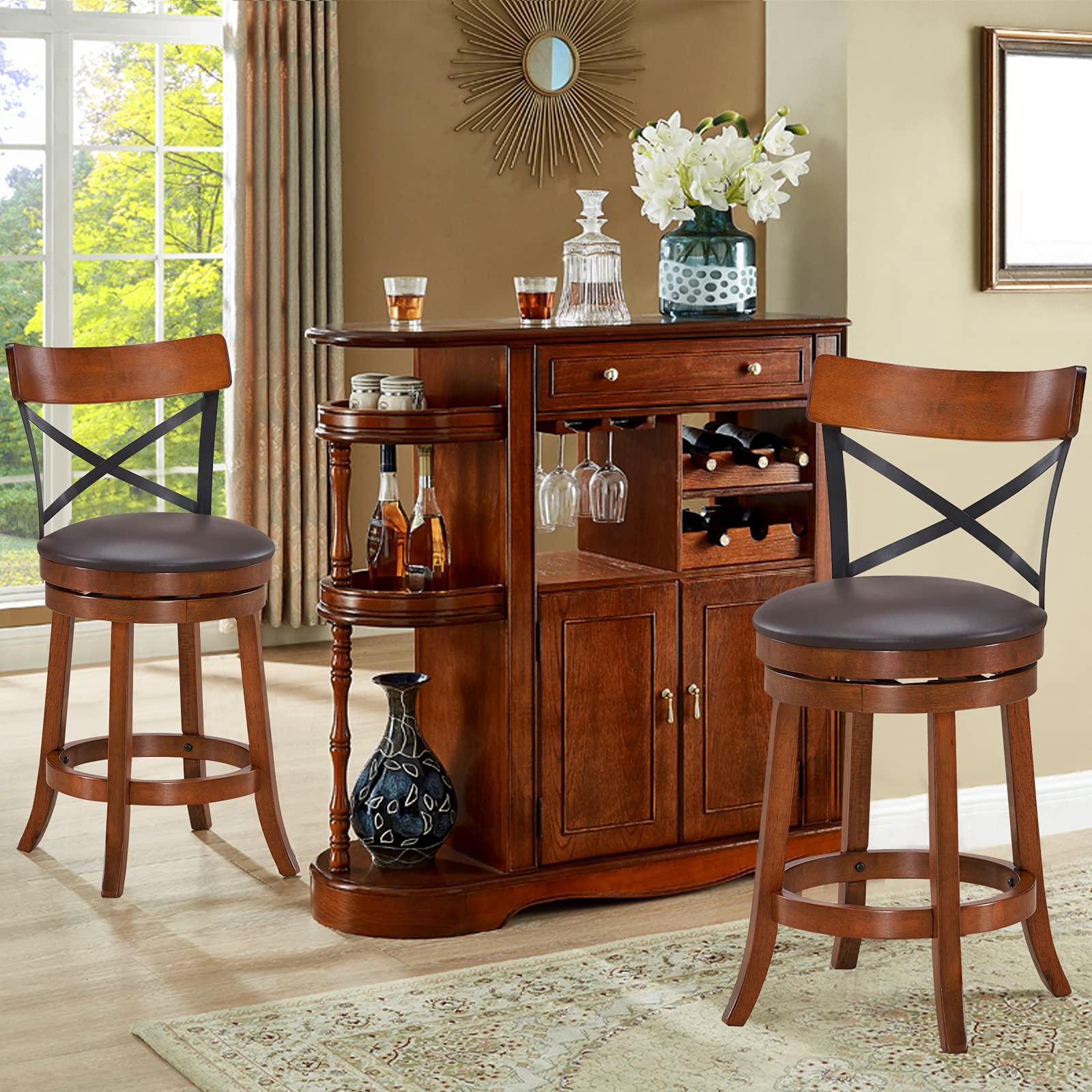 KOMFOTT 360-Degree Swivel Solid Wood Bar Stool Set of 2/4 with Soft Cushion & Backrest