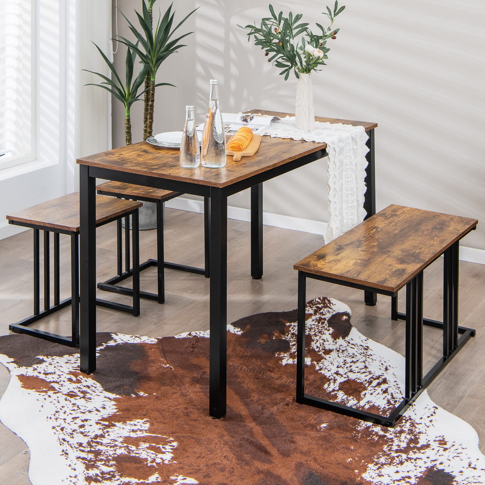 KOMFOTT 4 Piece Dining Table Set for 4 with Bench & 2 Stools, Space-Saving Desk Set
