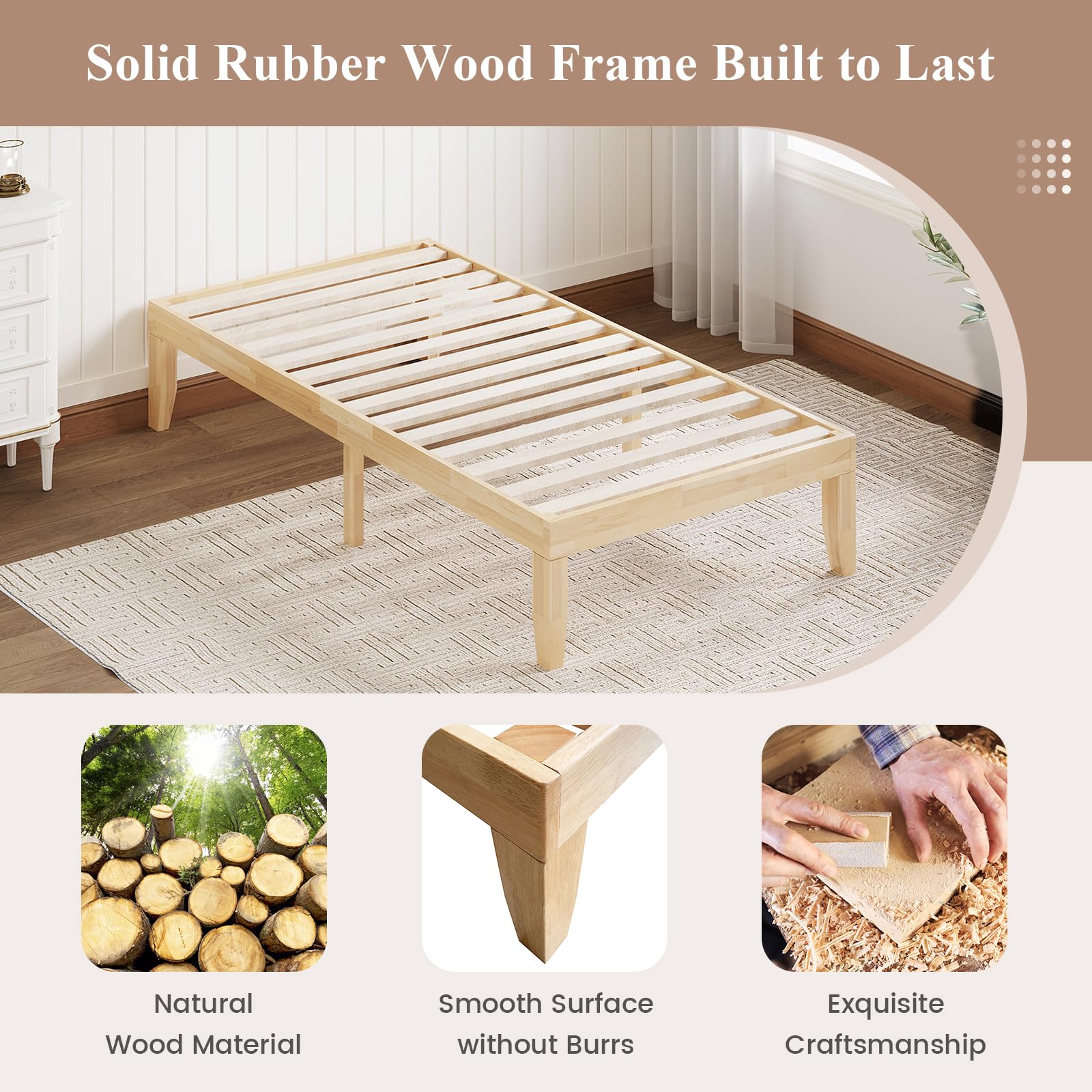 KOMFOTT Wood Platform Bed Frame, Solid Wood Mattress Foundation with Rubber Wood Frame