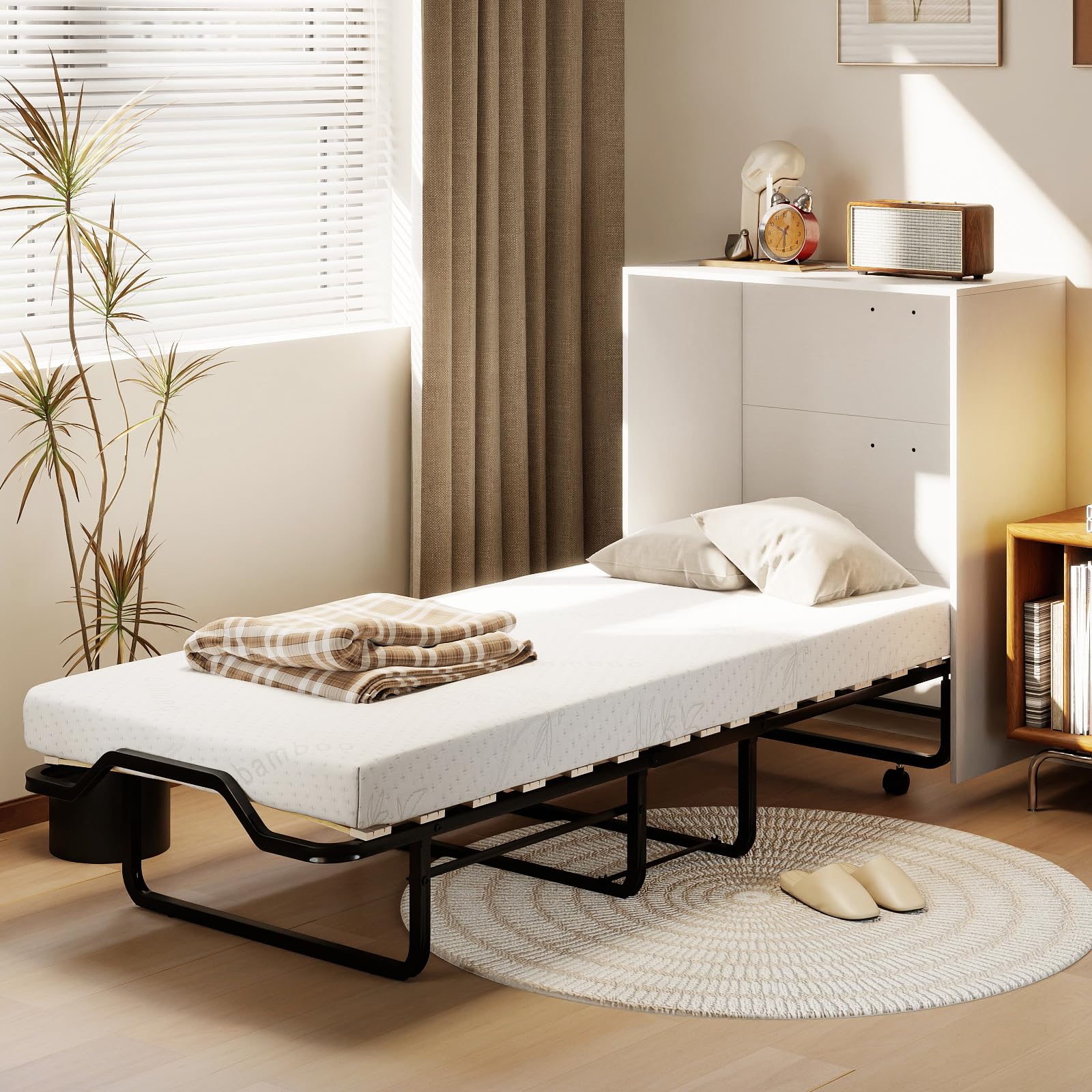 KOMFOTT Murphy Bed Cabinet, Rolling Folding Bed into Cabinet with Mattress & Lockable Wheel