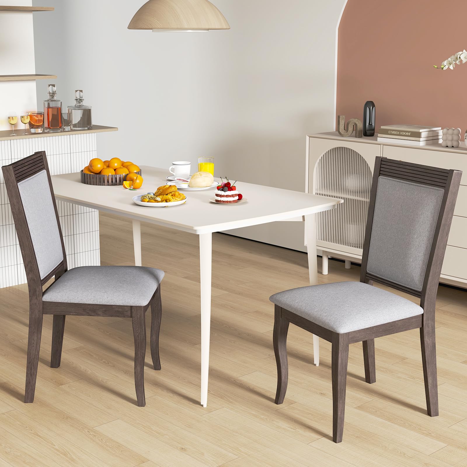 KOMFOTT Wood Dining Chairs Set of 2/4, Farmhouse Upholstered Kitchen Chairs w/Rubber Wood Frame, Padded Seat, High Backrest