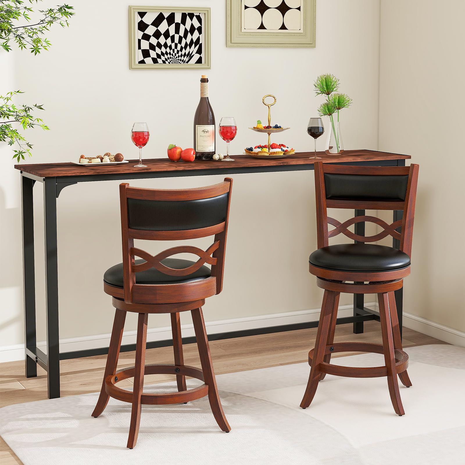 KOMFOTT Bar Stools Set of 2/4, 24.5” Counter Height Stools with Rubber Wood Frame, Faux Leather Upholstered Seat and Backrest
