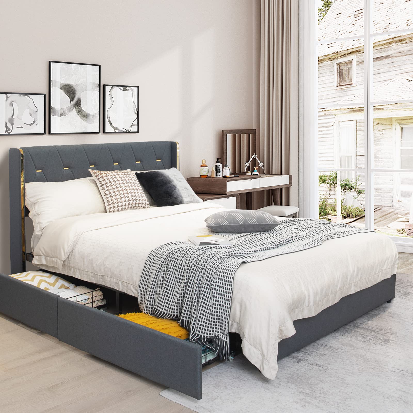 KOMFOTT Full Size Upholstered Bed Frame with 4 Rolling Storage Drawers, Space Saving PU Leather Bed Frame
