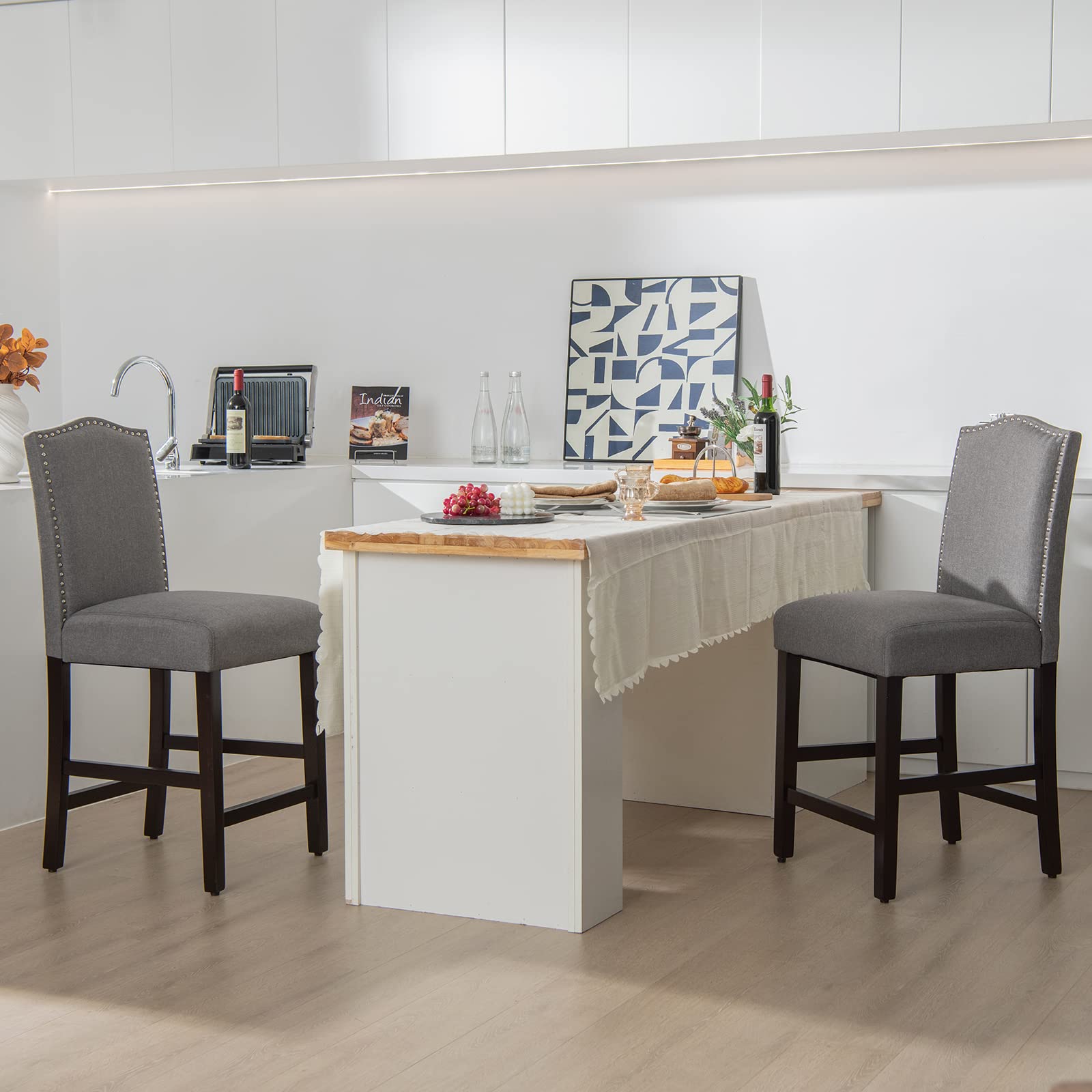 KOMFOTT Bar Stools Set of 2/4, Counter Height Bar Dining Chairs with Rubber Wood Legs, Footrest