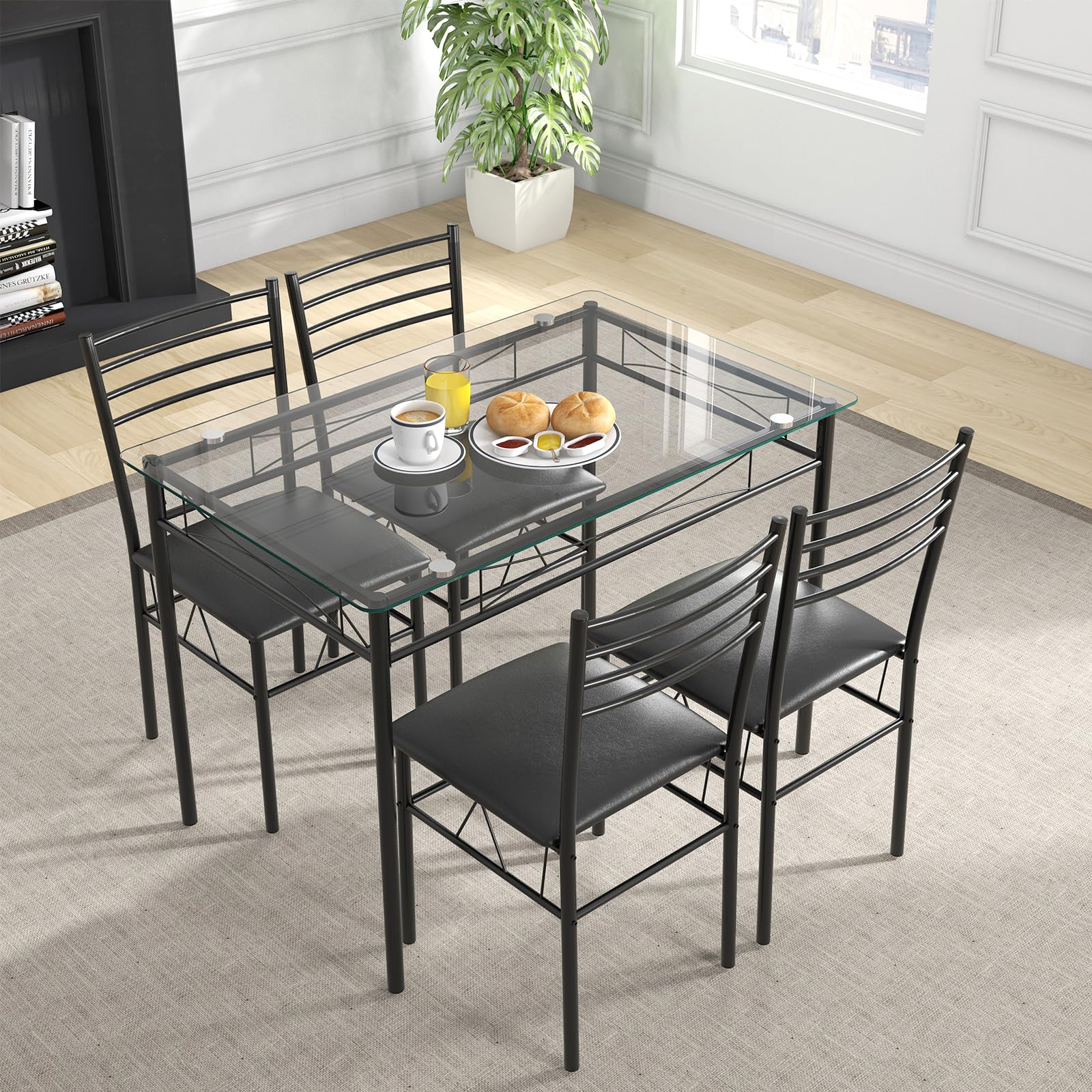 KOMFOTT 5 Piece Dining Table Set with Tempered Glass Table Top and 4 Upholstered Chairs