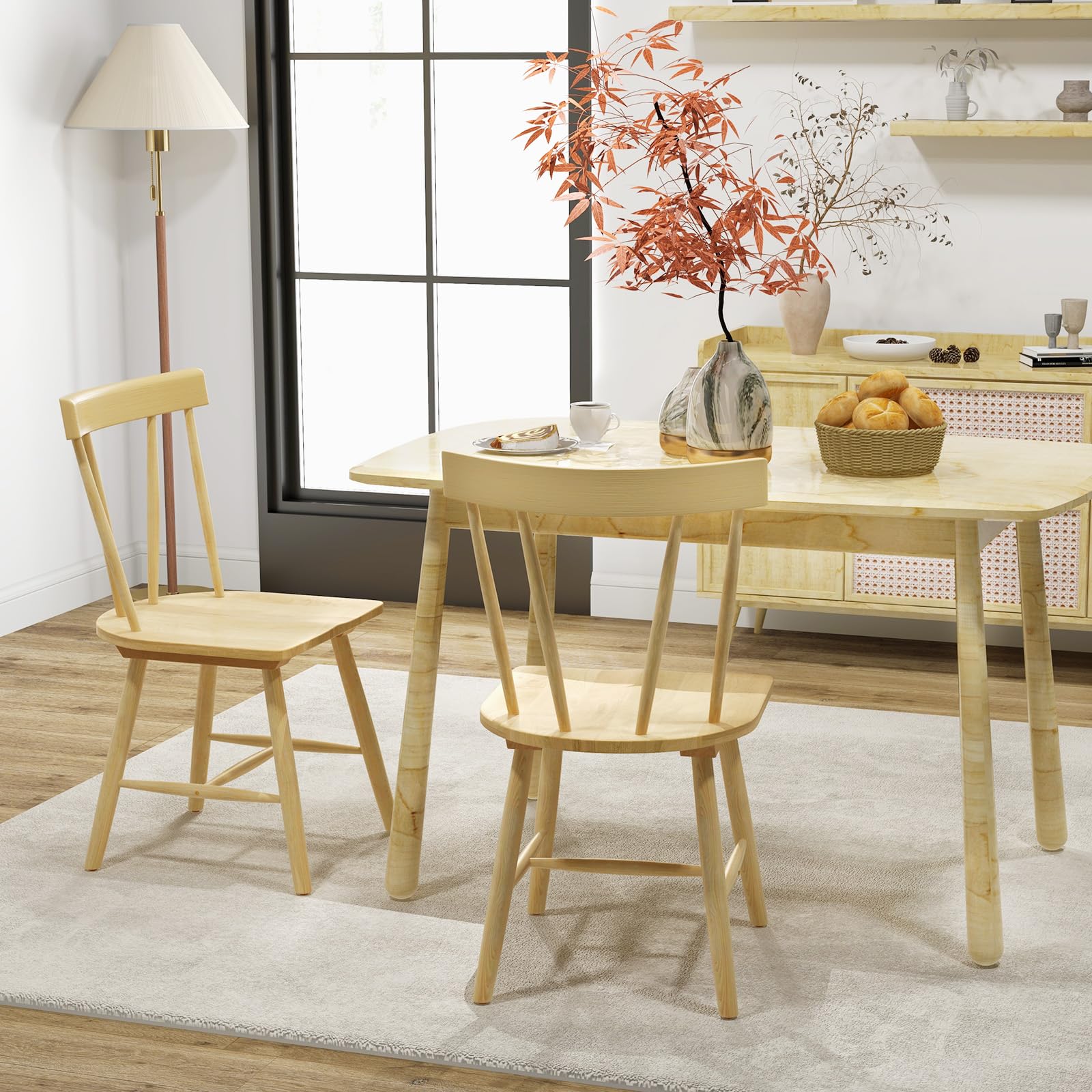 KOMFOTT Set of 2/4 Windsor Chairs, Rubber Wood Dining Chairs with Spindle Back