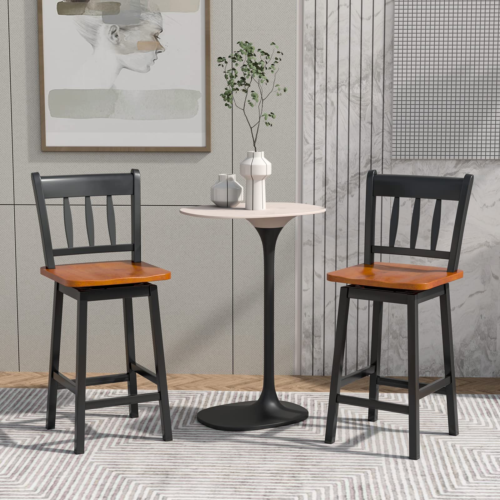 KOMFOTT 24.5 Inch Solid Rubber Wood Bar Stools Set of 2/4 with 360 °Swiveling, Footrest