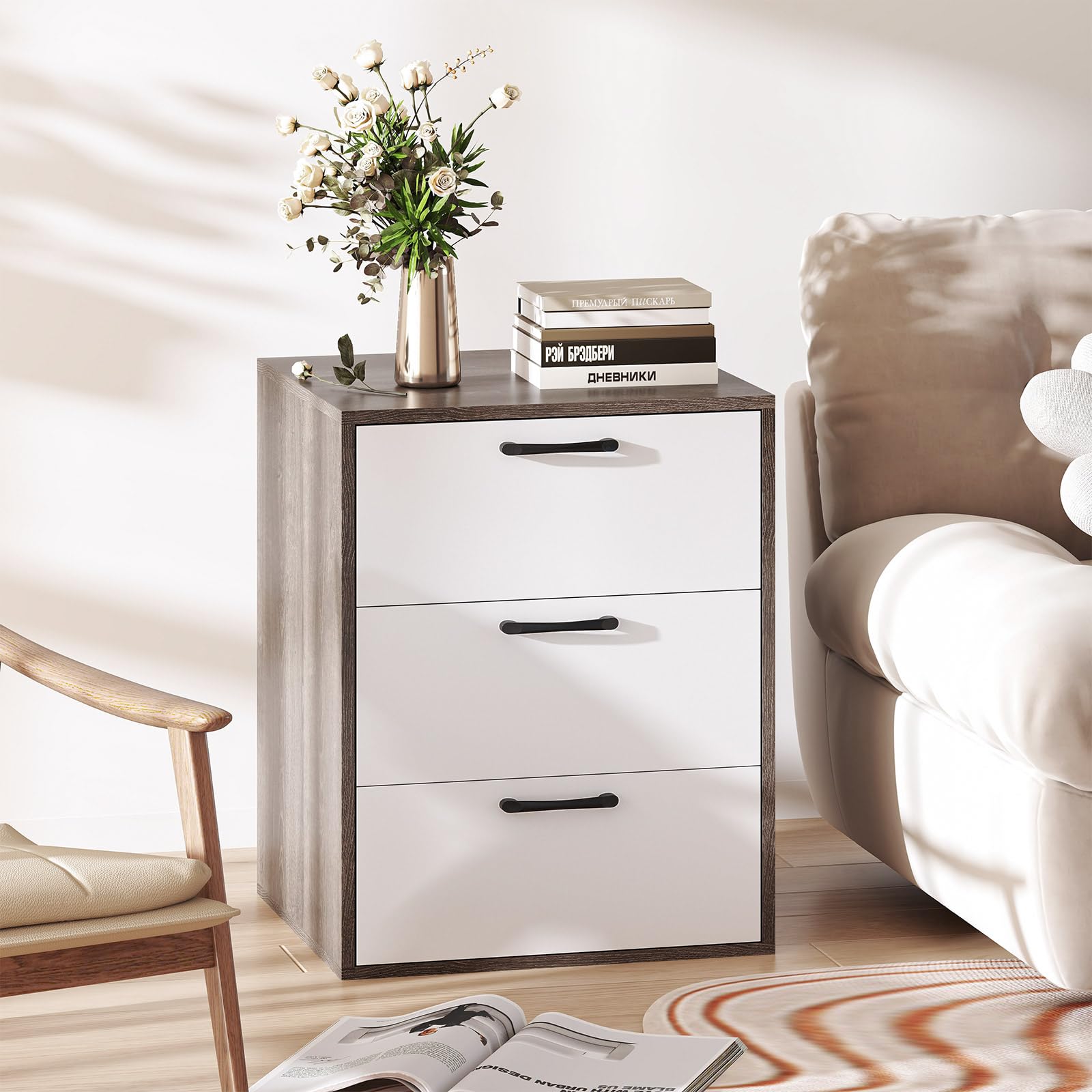 KOMFOTT Nightstand with 3 Drawers(White & Grey)
