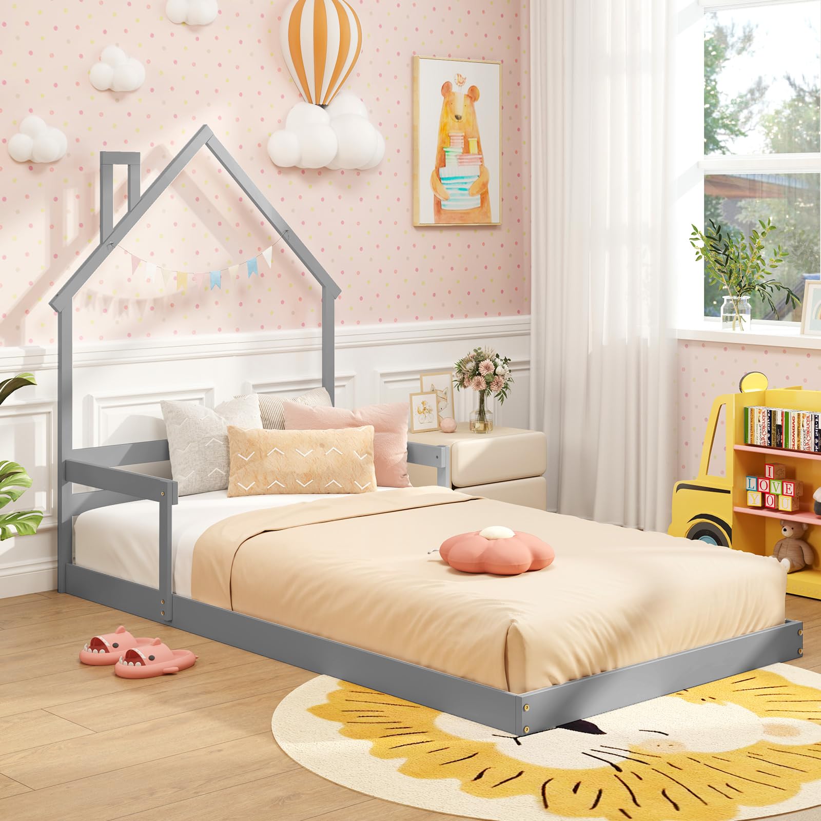 KOMFOTT Twin Floor Bed for Kids, Wood Montessori Bed with Chimney Headboard, Without Slats