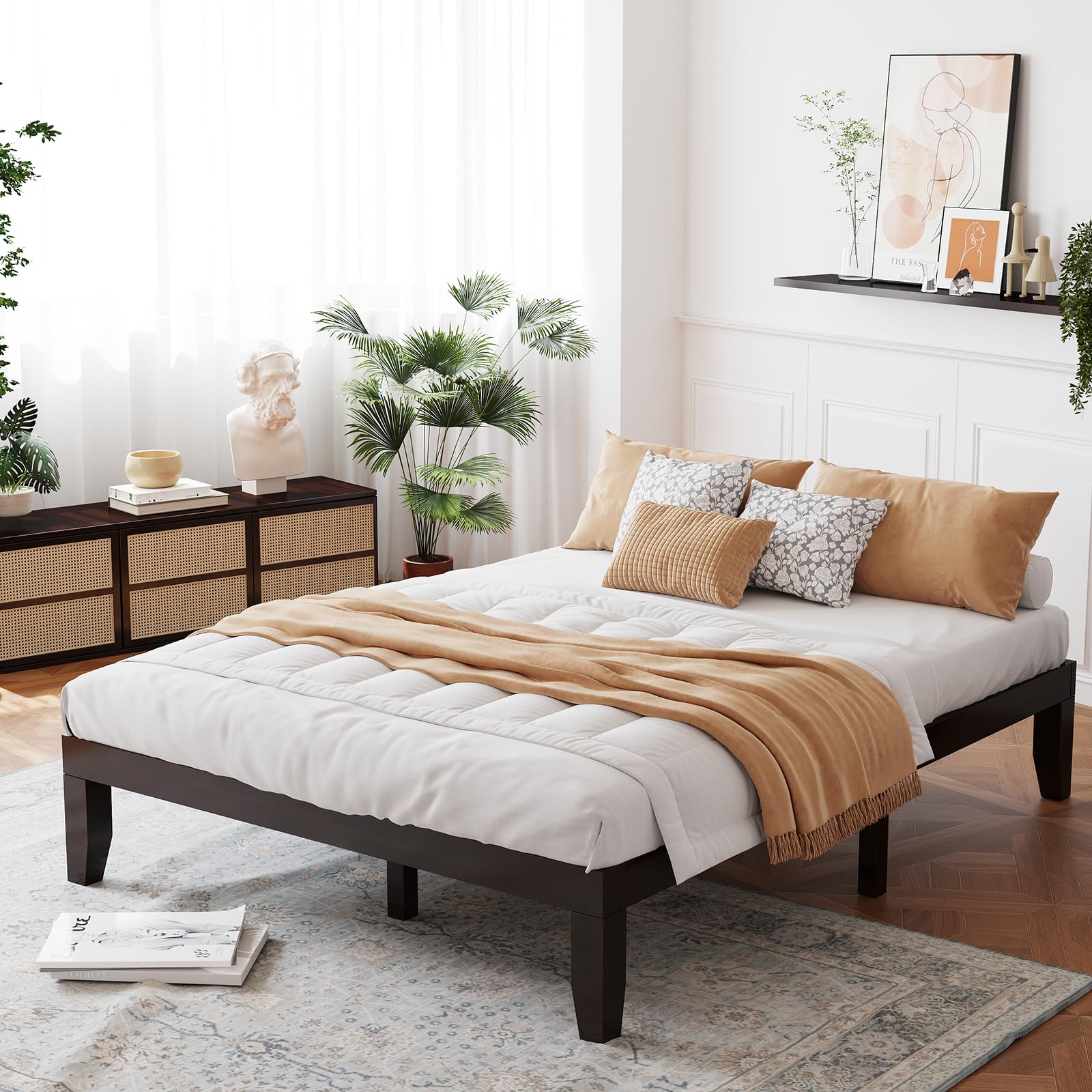 KOMFOTT Wood Platform Bed Frame, Solid Wood Mattress Foundation with Rubber Wood Frame