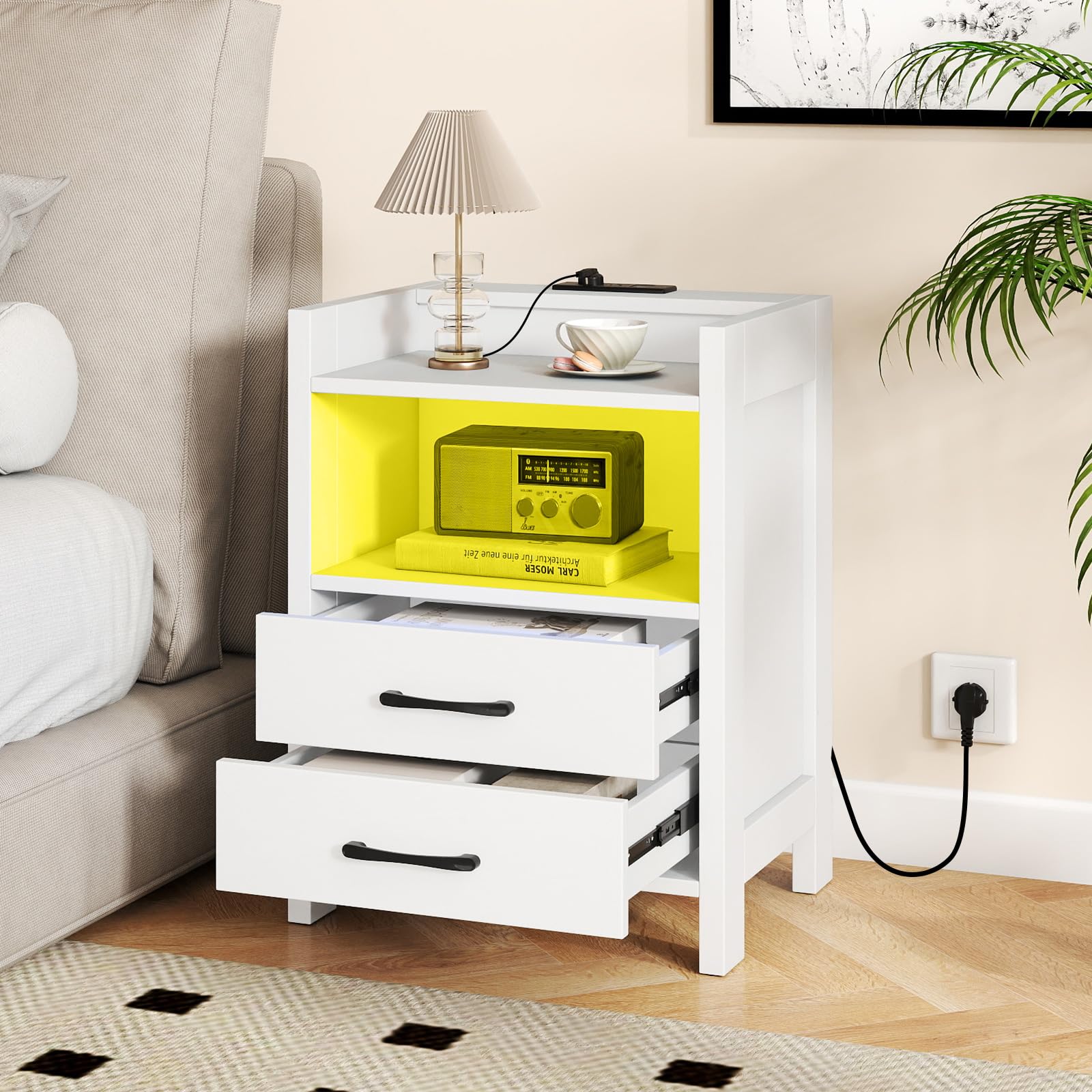 KOMFOTT Nightstand with LED Lights & Charging Station(23.5”)