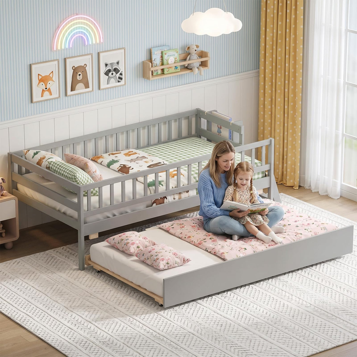 KOMFOTT Twin Bed Frame with Trundle & Bookshelf(with Trundle)