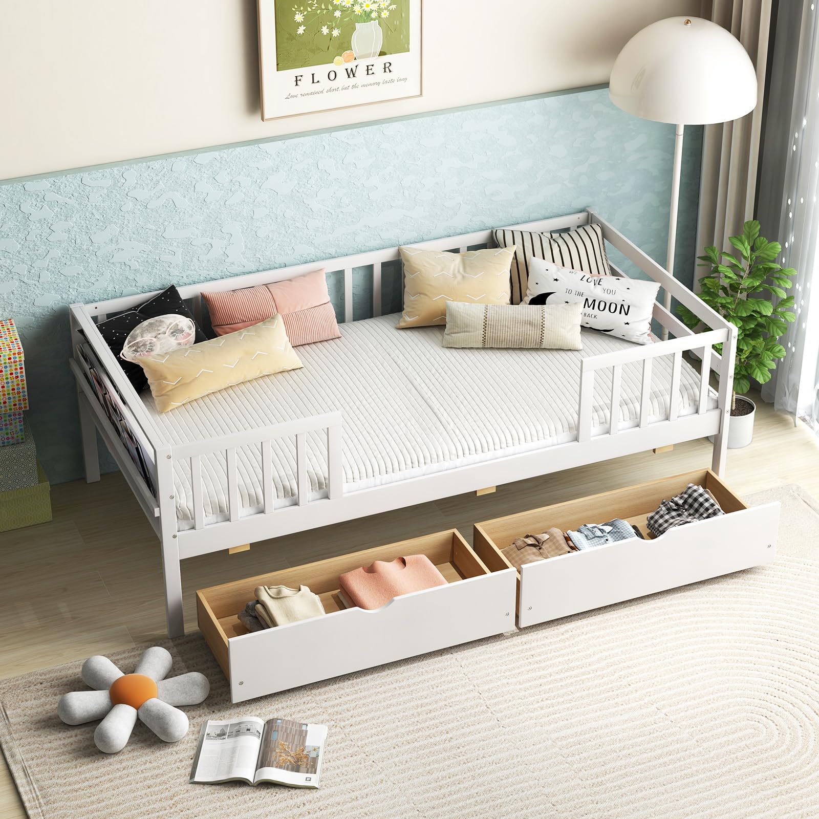 KOMFOTT Wood Twin Bed Frame with Fence Rails & 2 Pull-Out Drawers