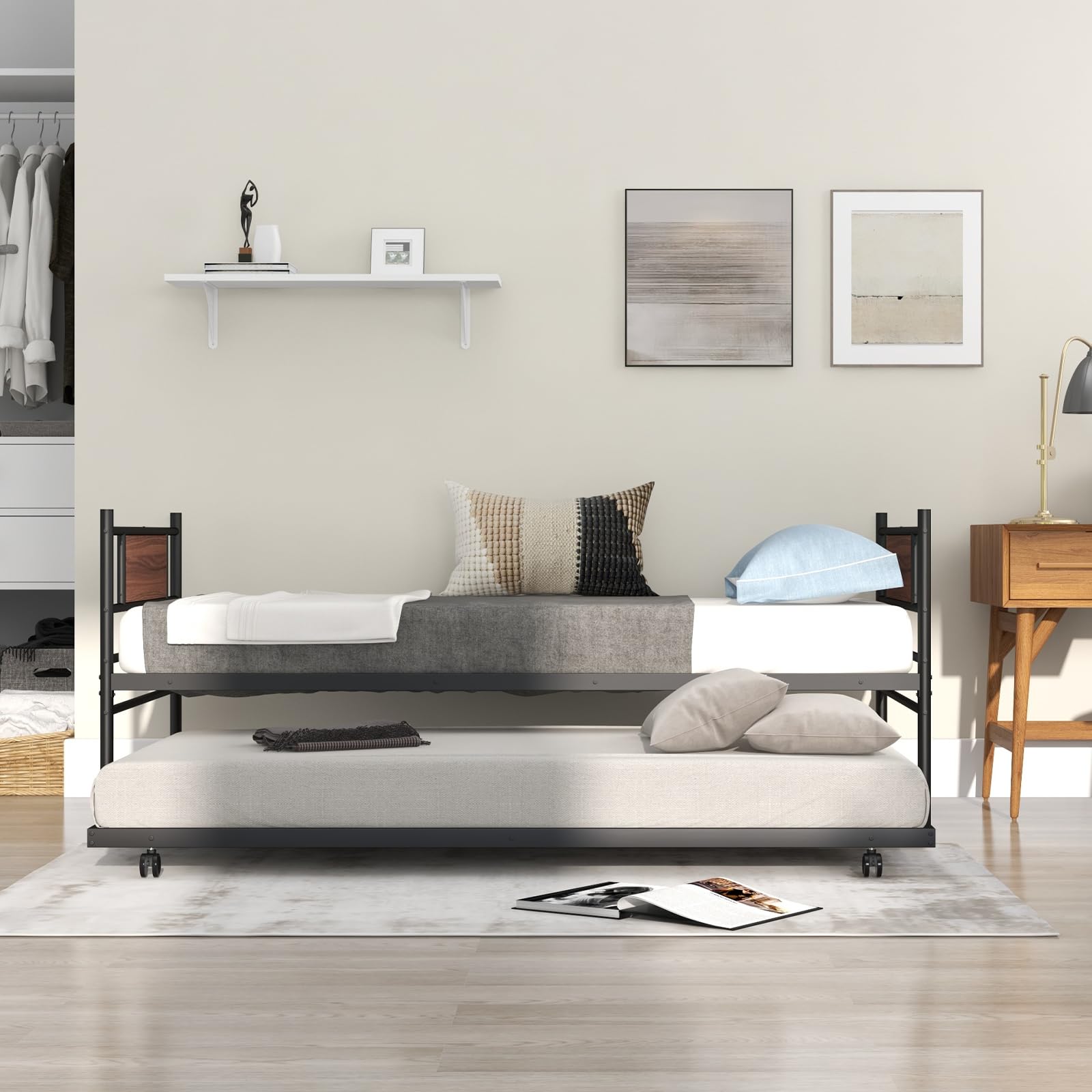 KOMFOTT Twin Size Metal Daybed with  Trundle, Wood Grain Headboard & Metal Slat Support