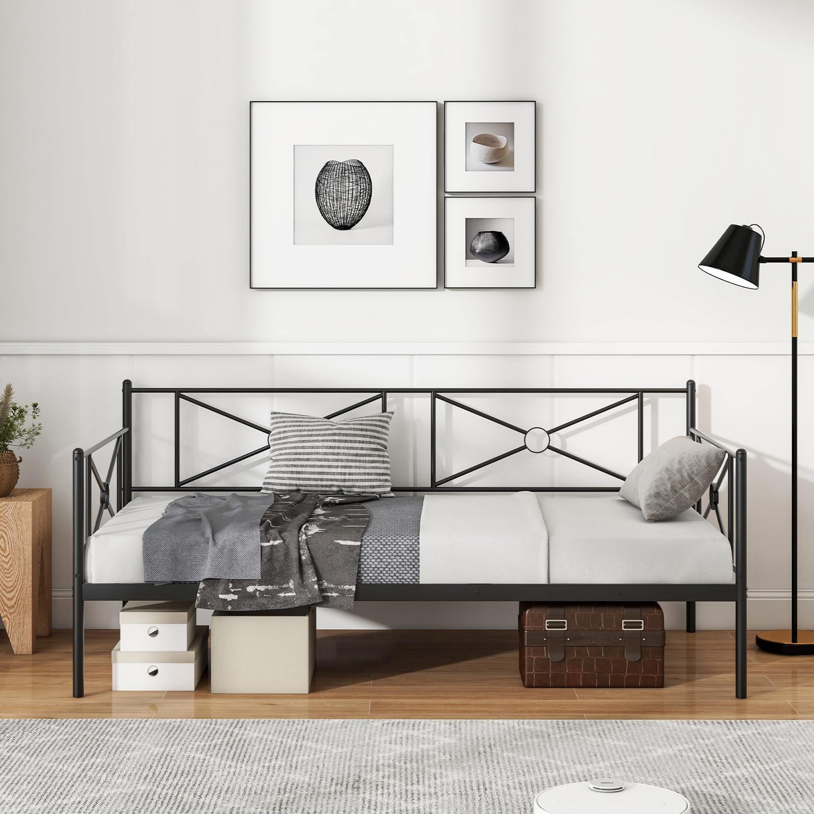 KOMFOTT Twin Size Metal Daybed Frame, Heavy-Duty Steel Slats Support Platform Bed Frame, Multifunctional Sofa Guest Bed with Headboard