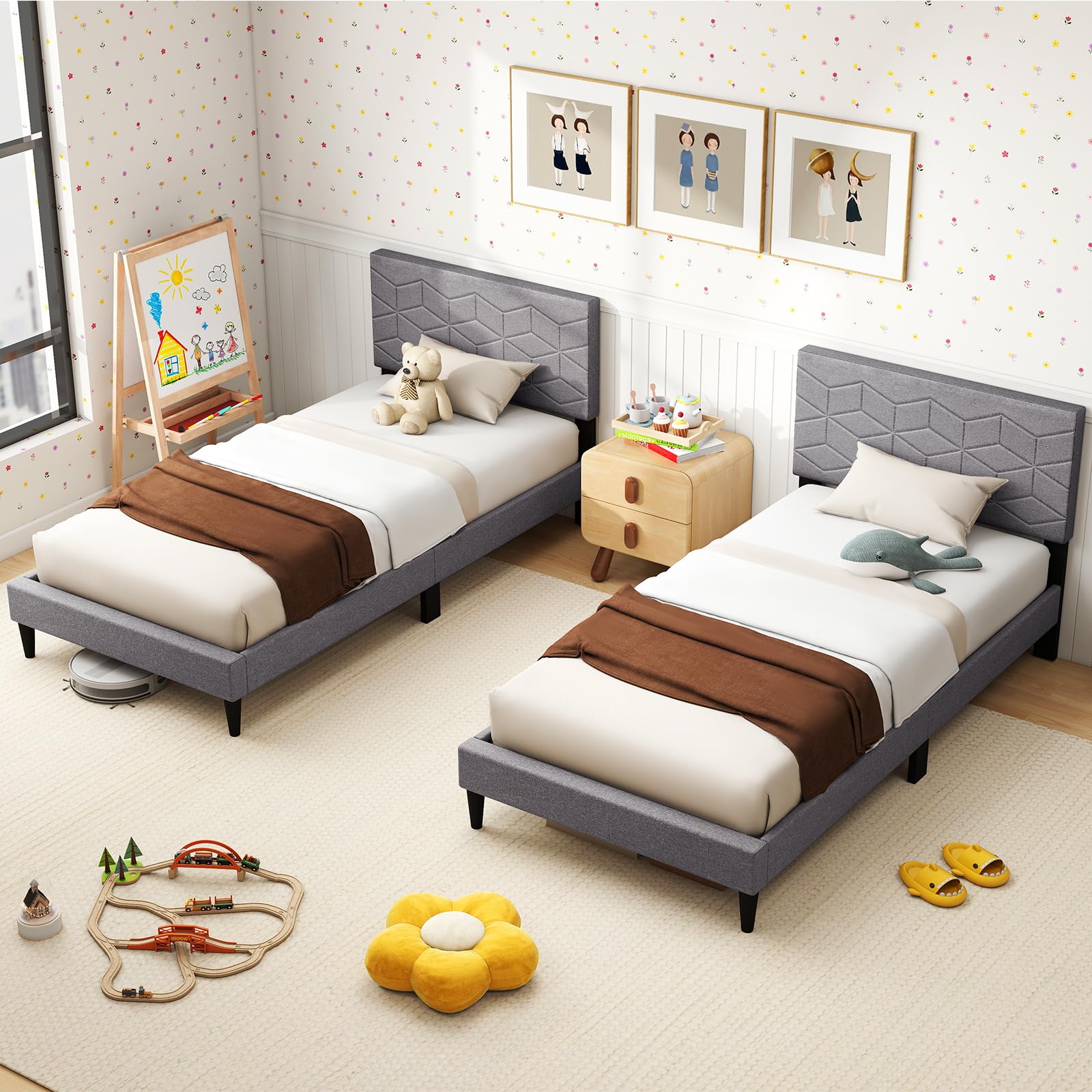 KOMFOTT Upholstered Bed Frame with Linen Fabric Headboard