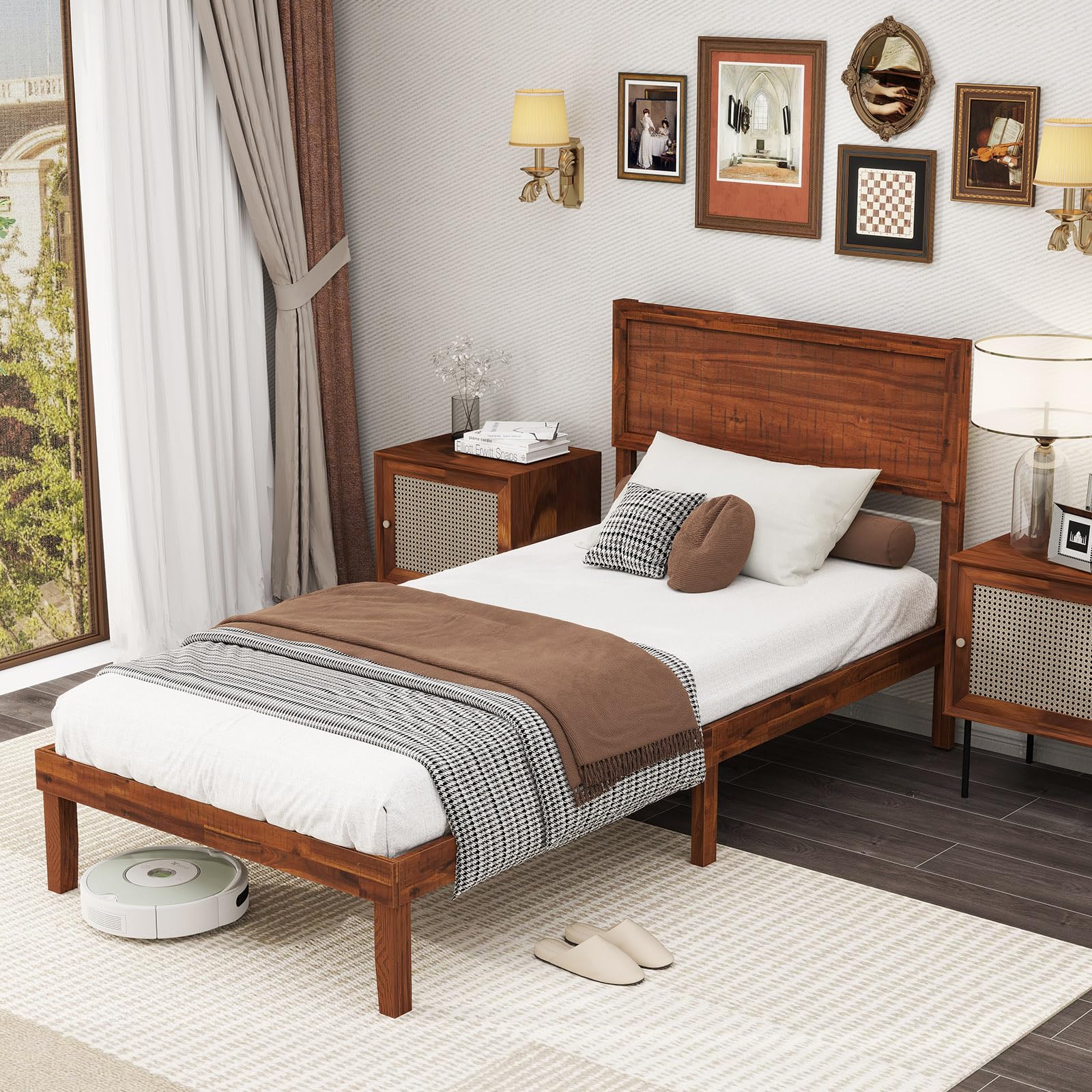 KOMFOTT Retro Wood Bed Frame with Headboard