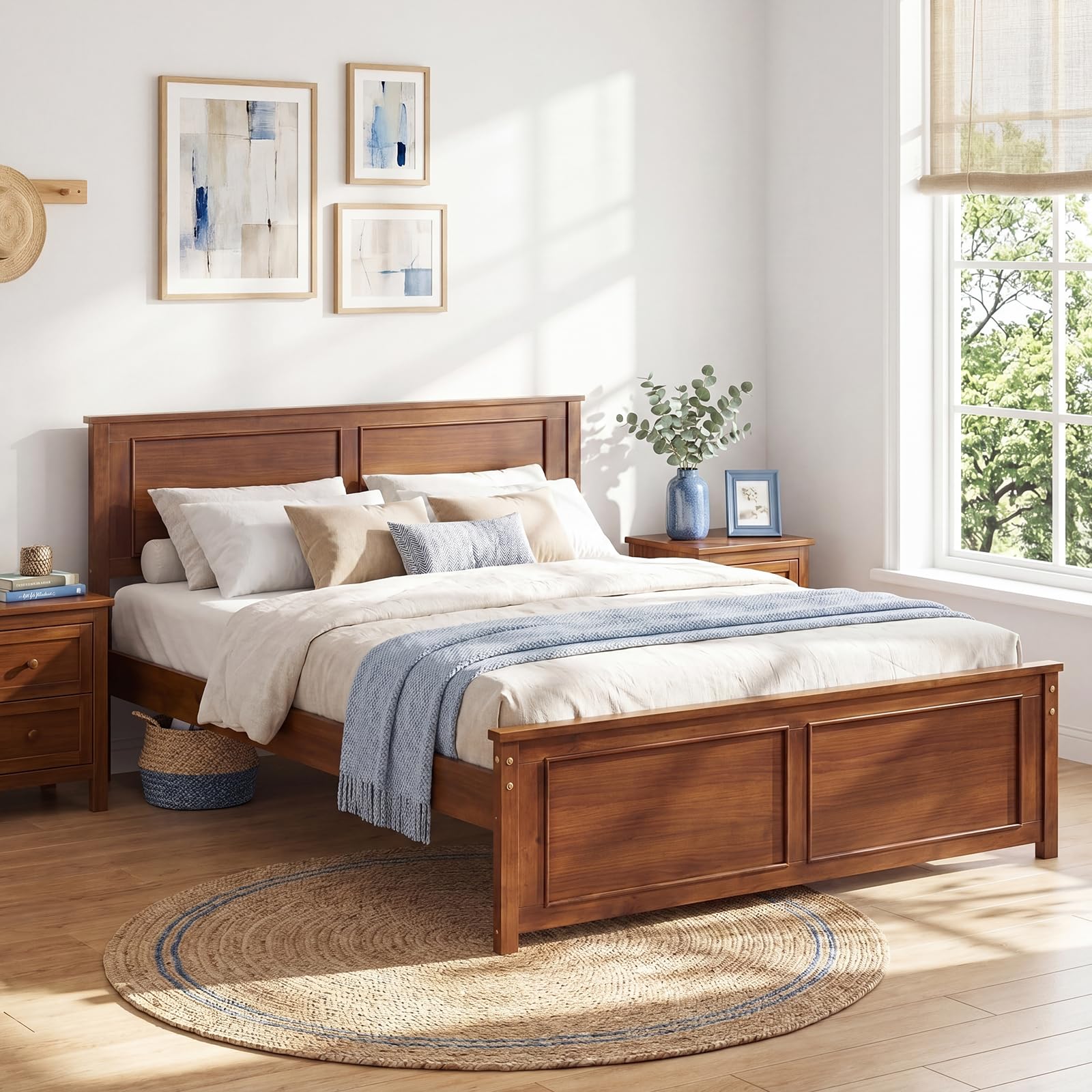 KOMFOTT Full Size Bed Frame Farmhouse Wooden Platform Bed