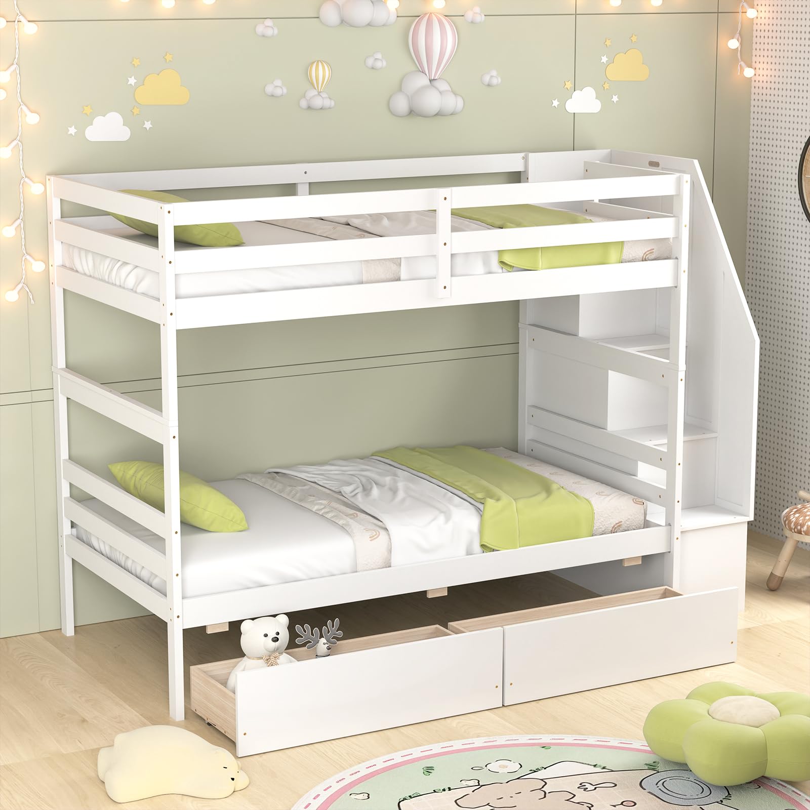 KOMFOTT Wood Twin Over Twin Bunk Bed with 2 Storage Drawers & Stairs