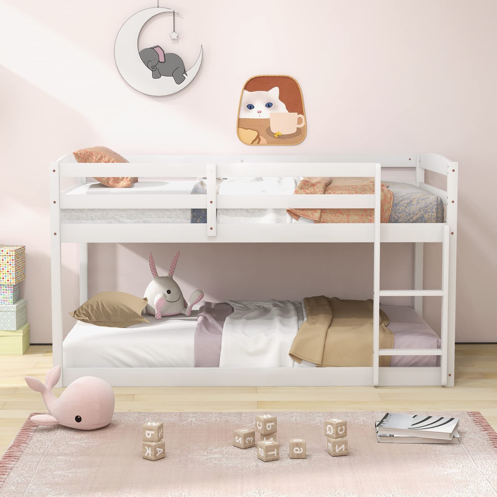 KOMFOTT Twin Over Twin Solid Wood Low Bunk Bed with Full Guardrails & Integrated Ladder