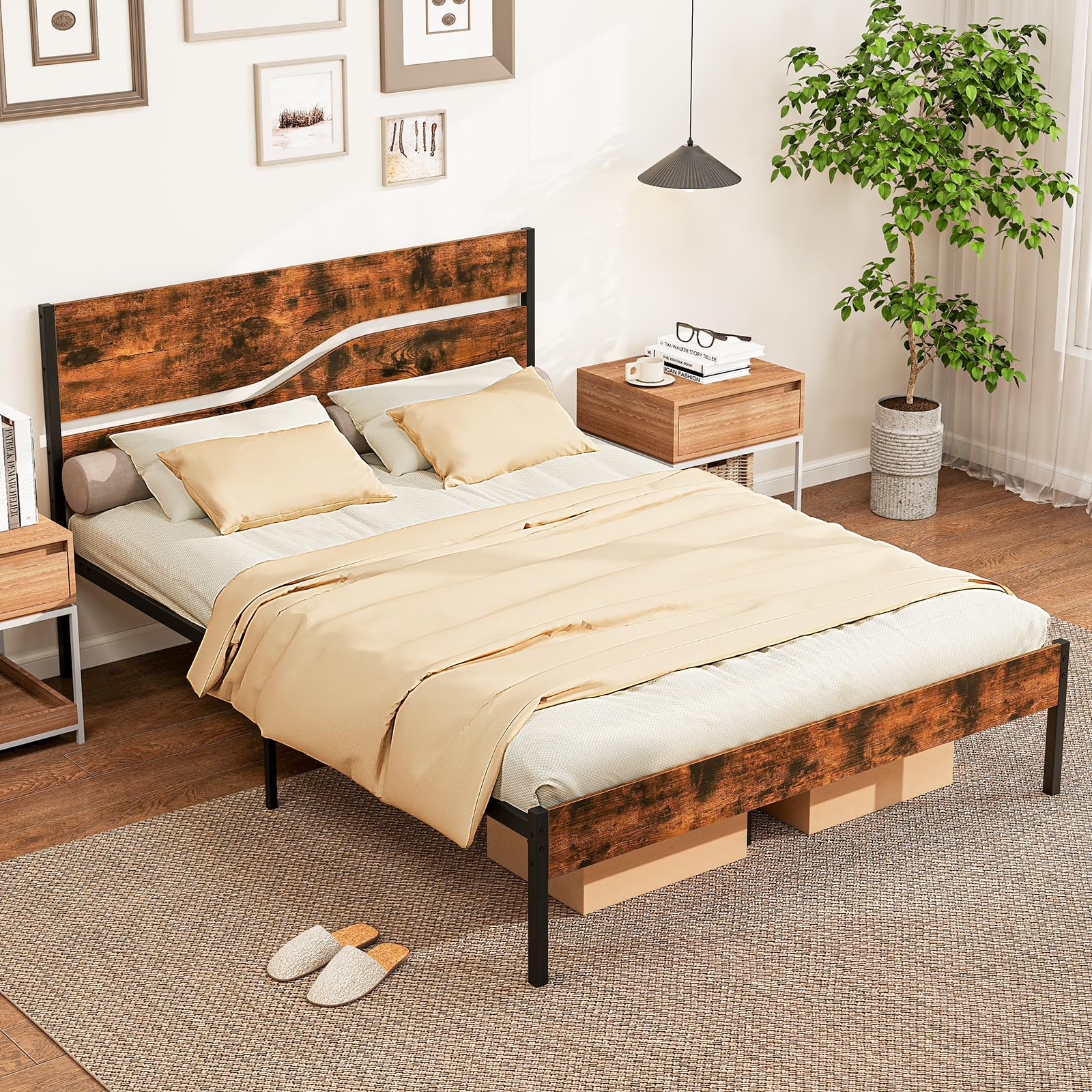 KOMFOTT Queen Size Metal Platform Bed Frame with Headboard