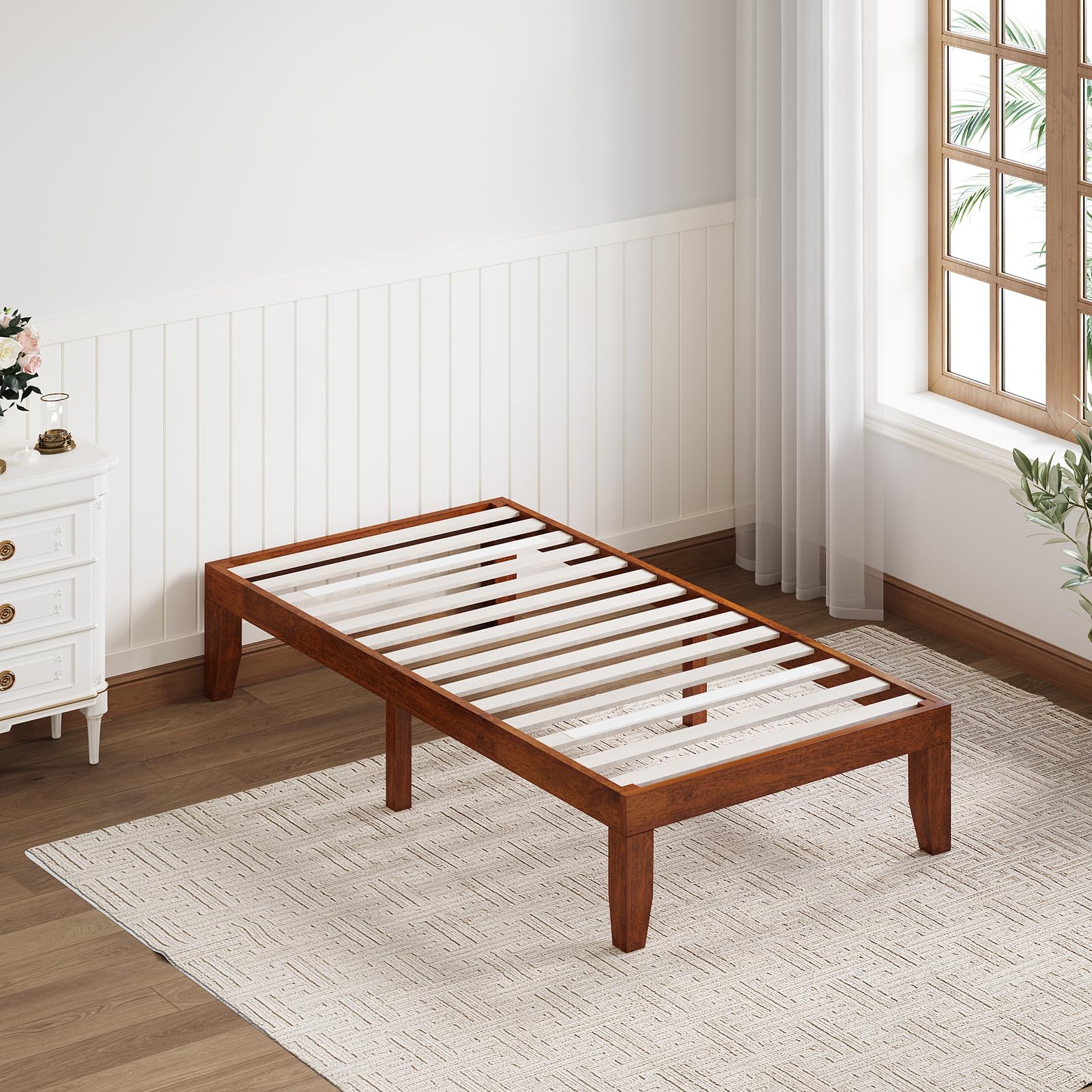 KOMFOTT Wood Platform Bed Frame, Solid Wood Mattress Foundation with Rubber Wood Frame