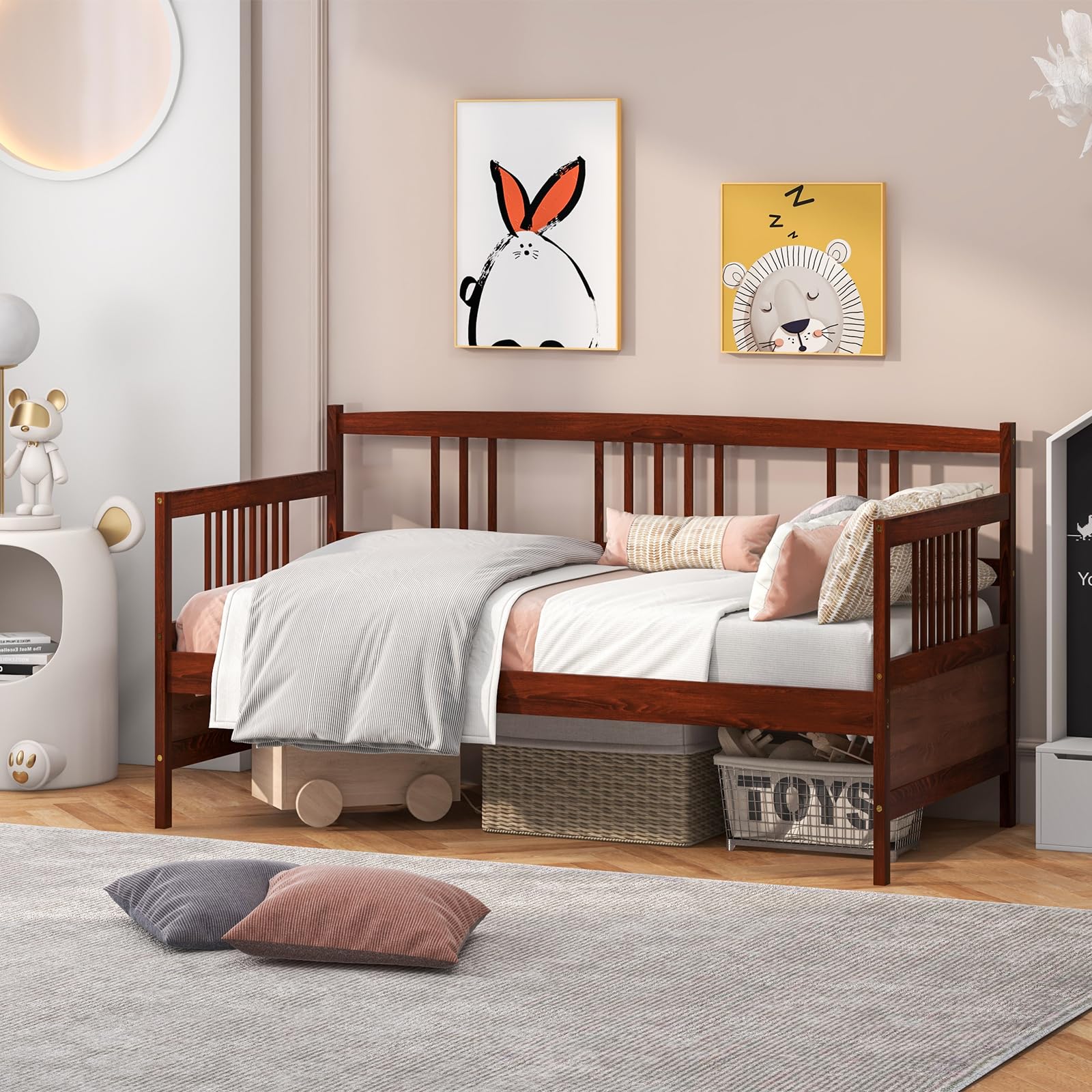 KOMFOTT Twin Daybed Frame, Wooden Sofa Bed Guest Bed with Rails & Wood Slat Support