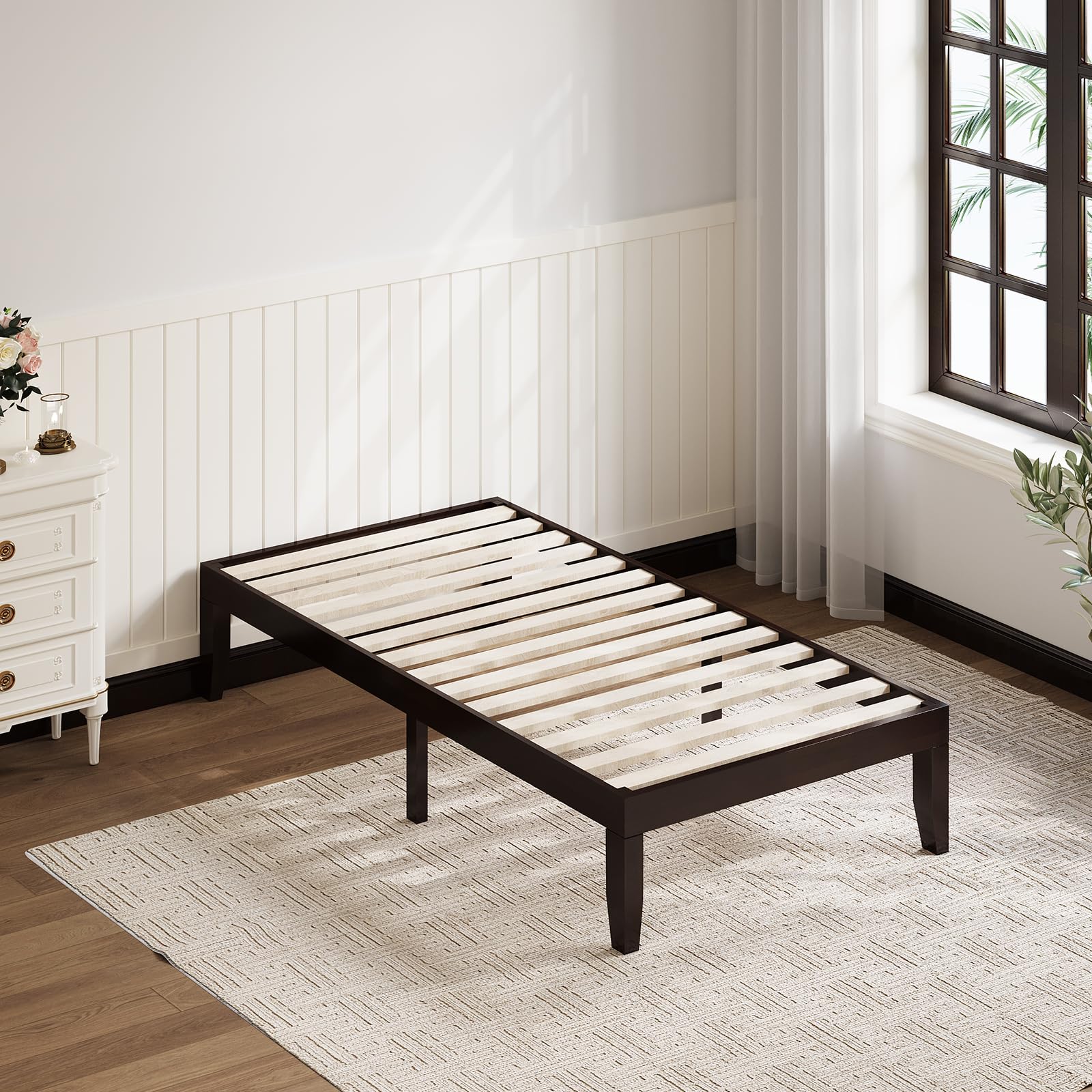 KOMFOTT Wood Platform Bed Frame, Solid Wood Mattress Foundation with Rubber Wood Frame
