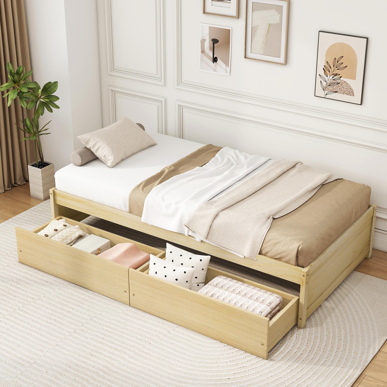 KOMFOTT Bed Frame with 2 Storage Drawers, Solid Wood Platform Bed with Slats Support