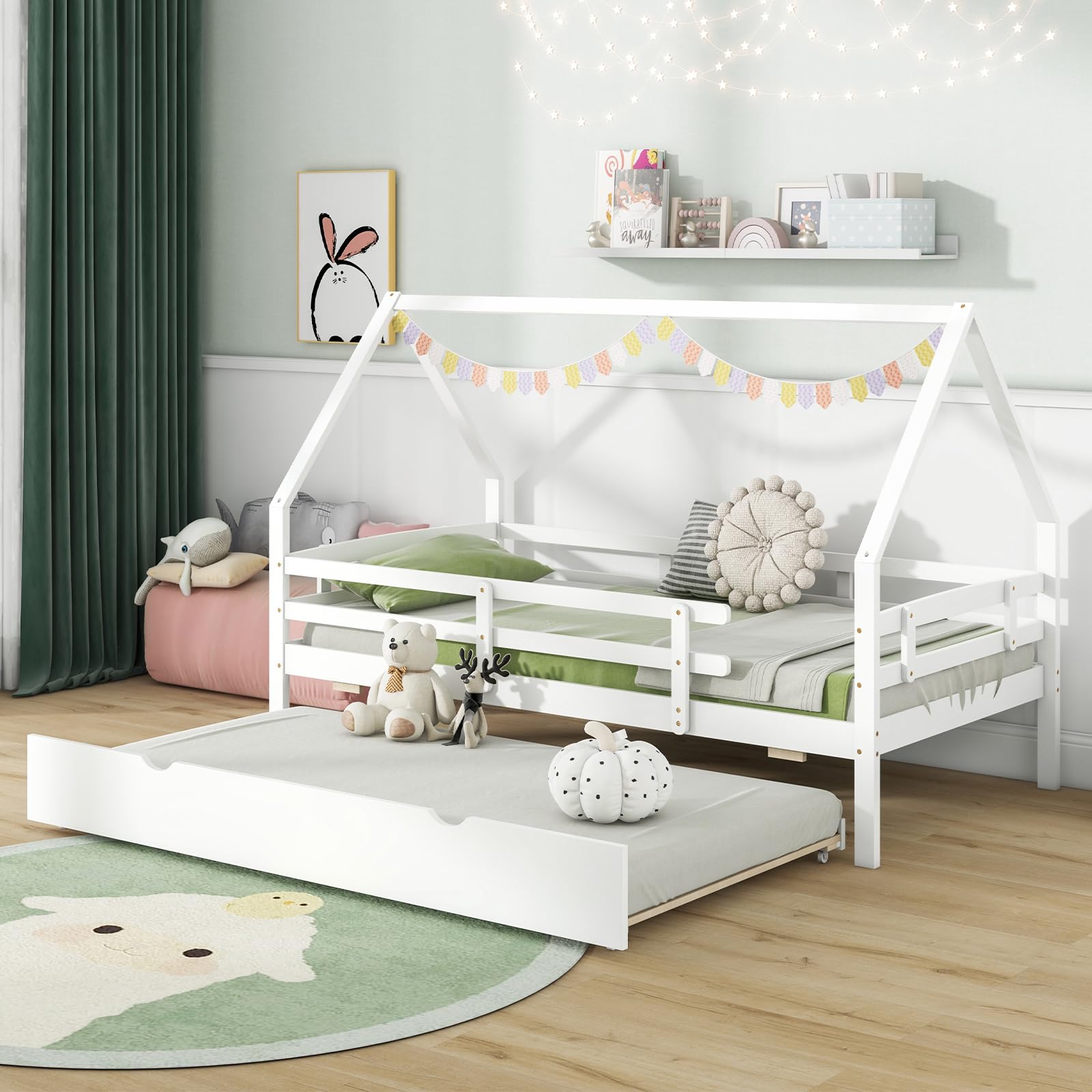 KOMFOTT House Bed with Trundle Wood Bed Frame with Safety Rails & Roof