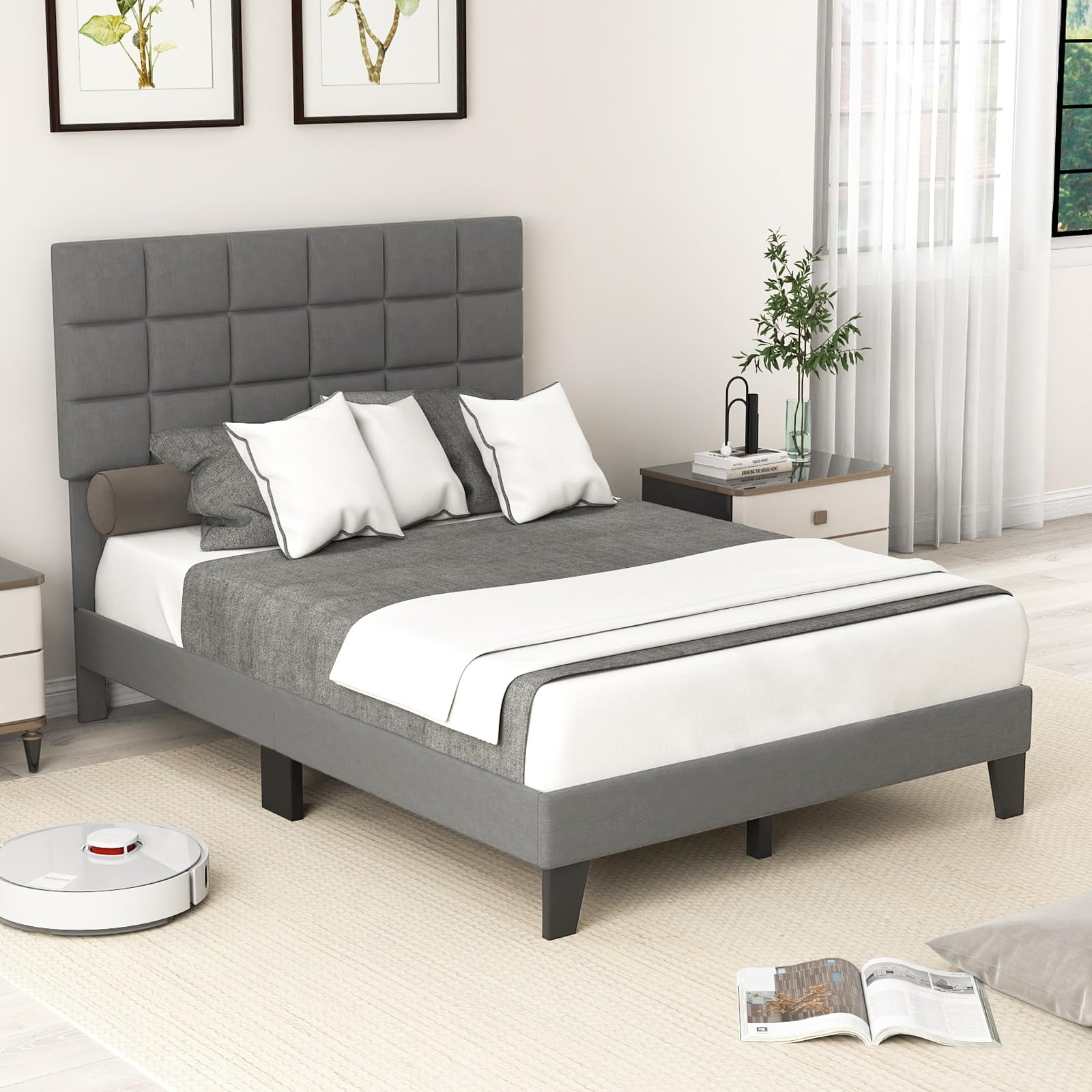 KOMFOTT Linen Fabric Upholstered Bed Frame with Adjustable Headboard & Wooden Slat Support