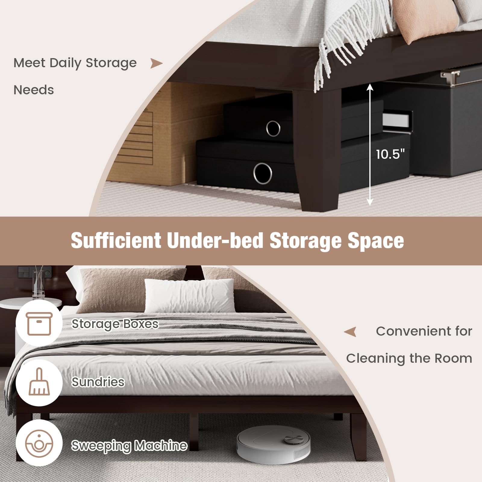 KOMFOTT Wood Platform Bed Frame, Solid Wood Mattress Foundation with Rubber Wood Frame