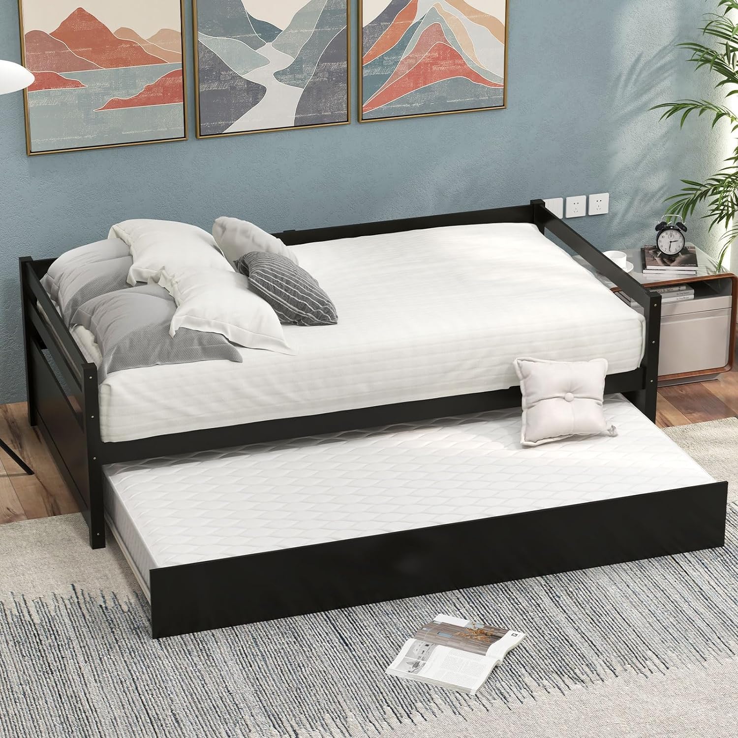 KOMFOTT Twin Daybed with Trundle, Wood Trundle Bed with Wood Slat Support