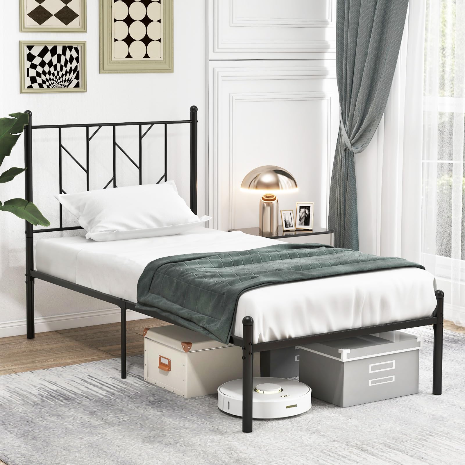 KOMFOTT Metal Bed Frame with Victorian Style Headboard, 14 Metal Slats Support