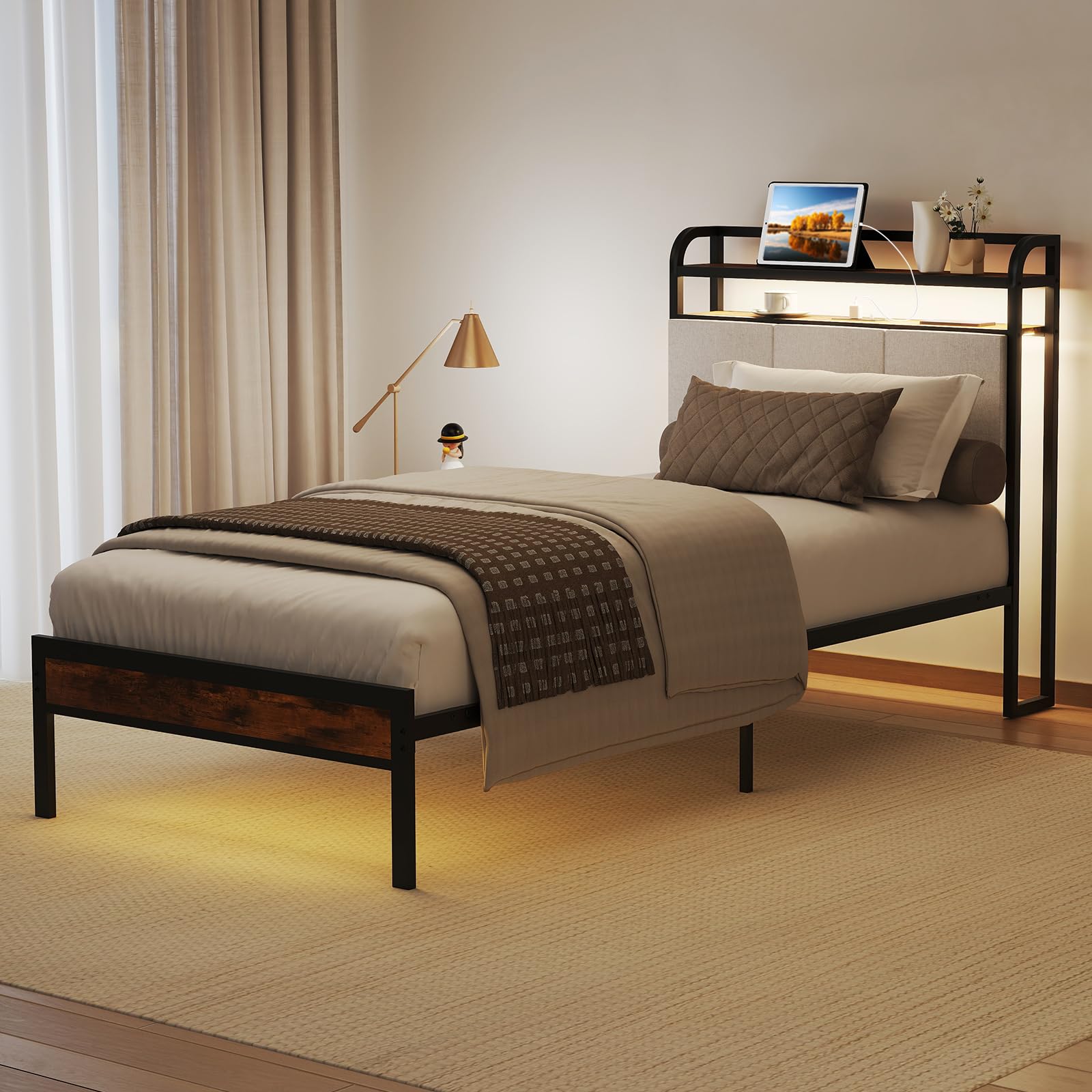 KOMFOTT Metal Bed Frame with Charging Station